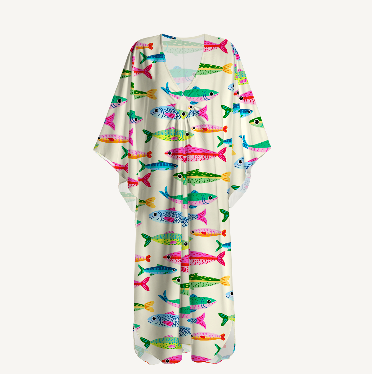 Bright Sardine Print Kimono Sleeve Kaftan Dress