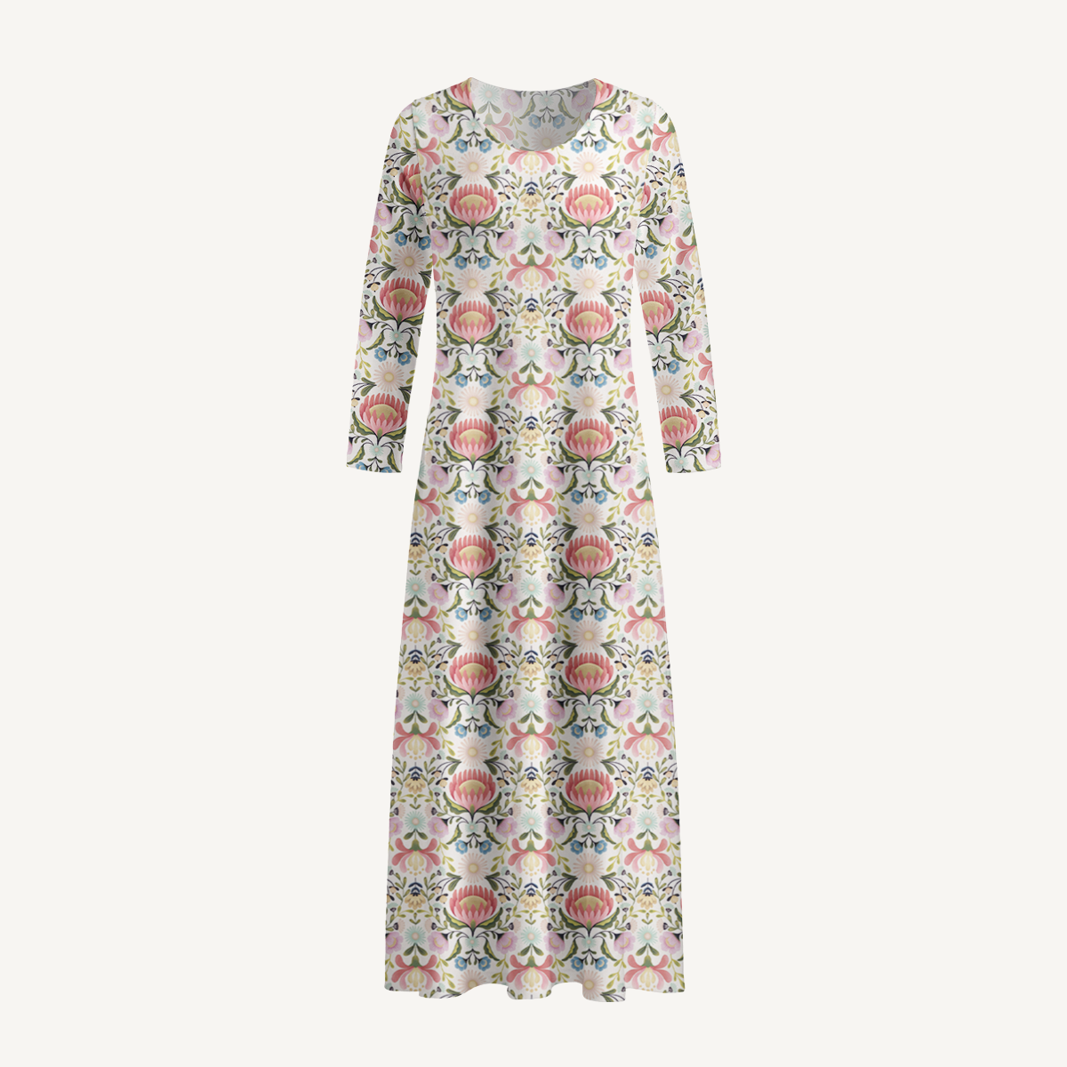 Pink Floral Lantern Motif Print Soft-Touch Stretch Knit Long Sleeve Maxi Dress with Pockets