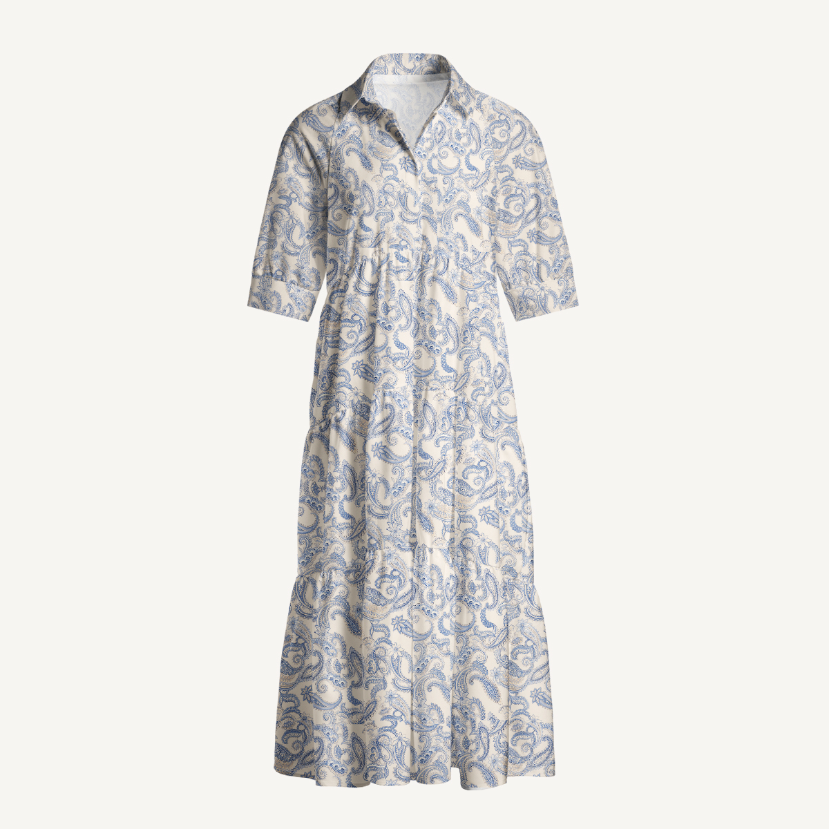 Blue Vintage Paisley Elbow-Length Sleeve Midi Dress With Pockets