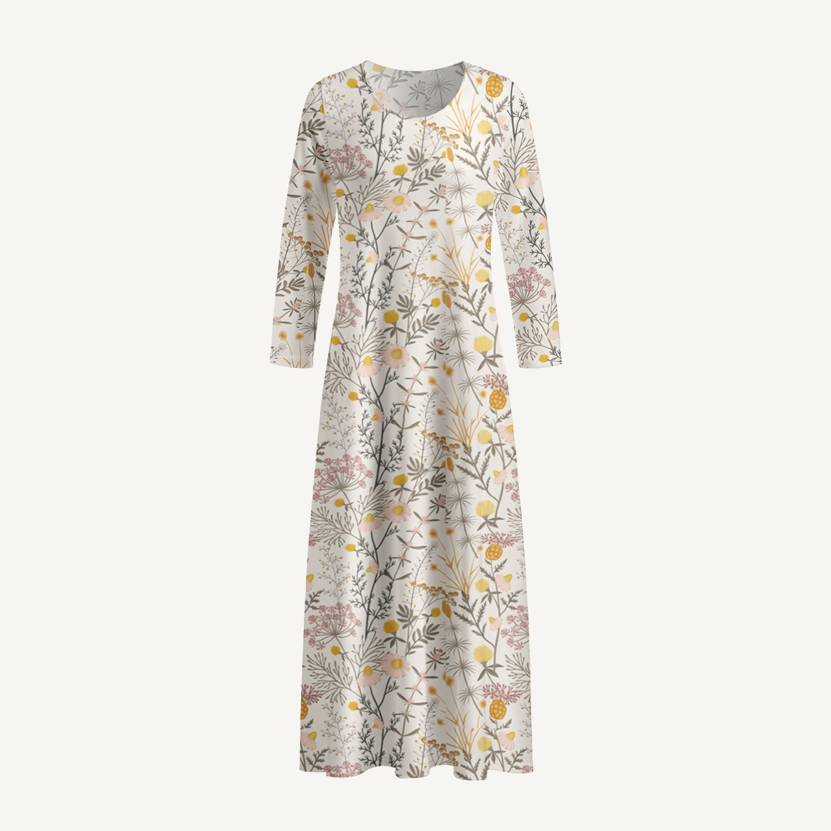 Yellow Wildflower Meadow Print Soft-Touch Stretch Knit Long Sleeve Maxi Dress with Pockets