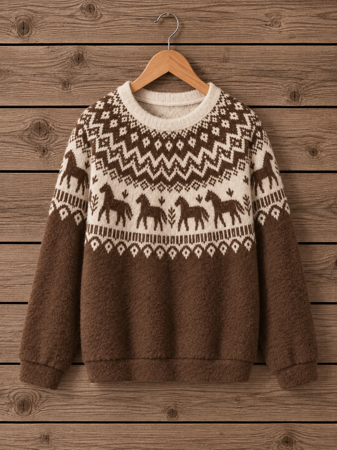 Rustic Equestrian Horse Fair Isle Crewneck Sweater