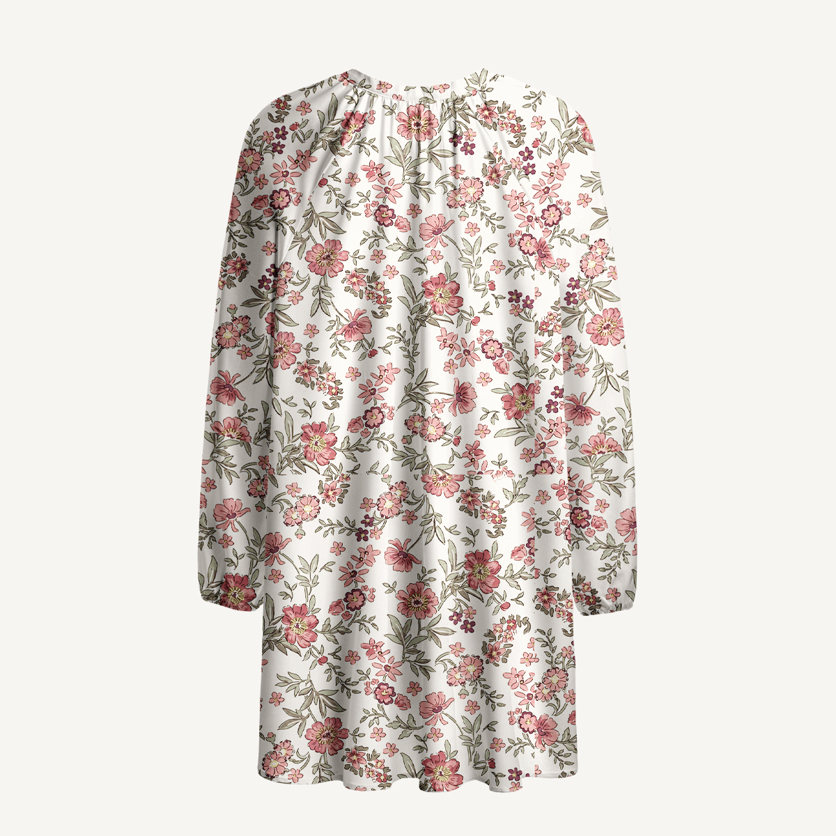 Pink Wildflower Meadow Tie‑Neck Long Sleeve Mini Dress