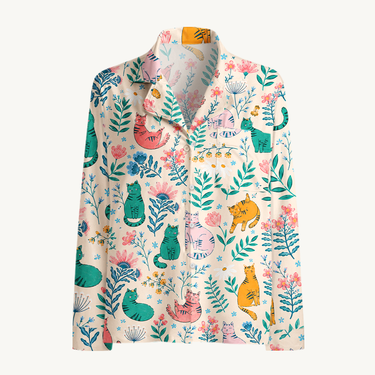 Whimsical Garden Cat & Wildflower Long Sleeves Pajama Sets