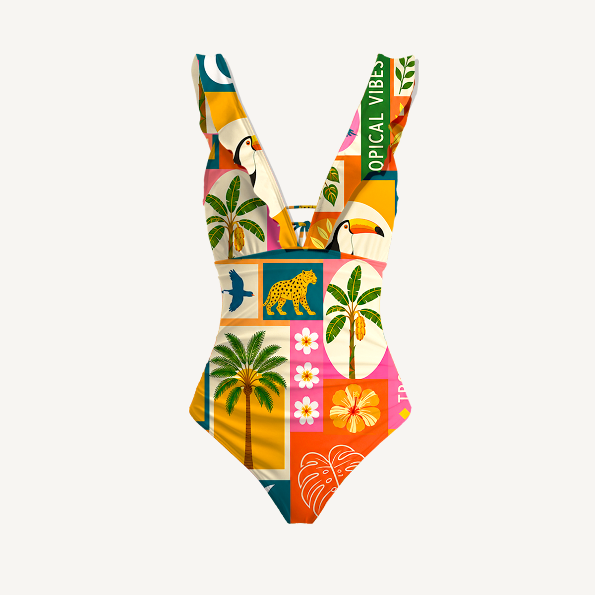 Tropical Patchwork Ruffled V Neck One Piece Swimsuit and Matching Midi Skirt Set