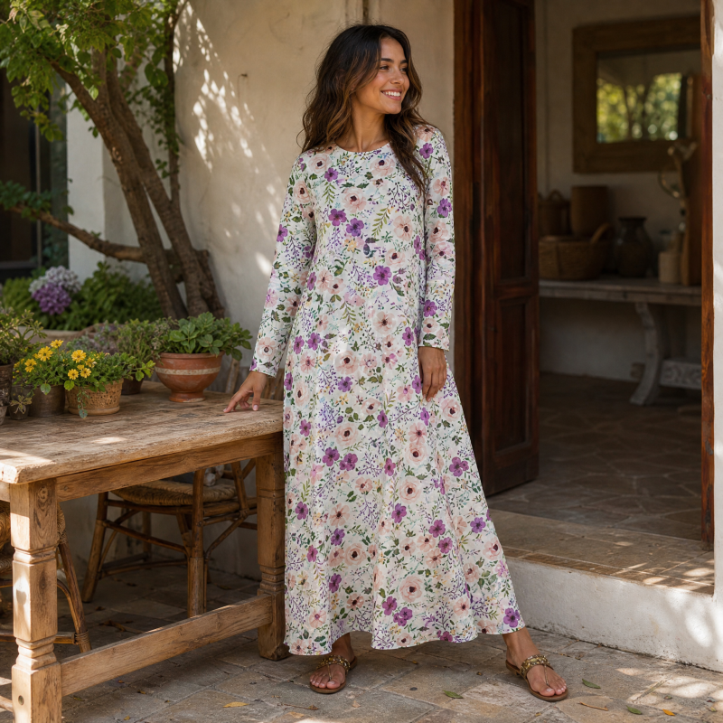 Pink and Purple Wildflower Print Soft-Touch Stretch Knit Long Sleeve Maxi Dress with Pockets