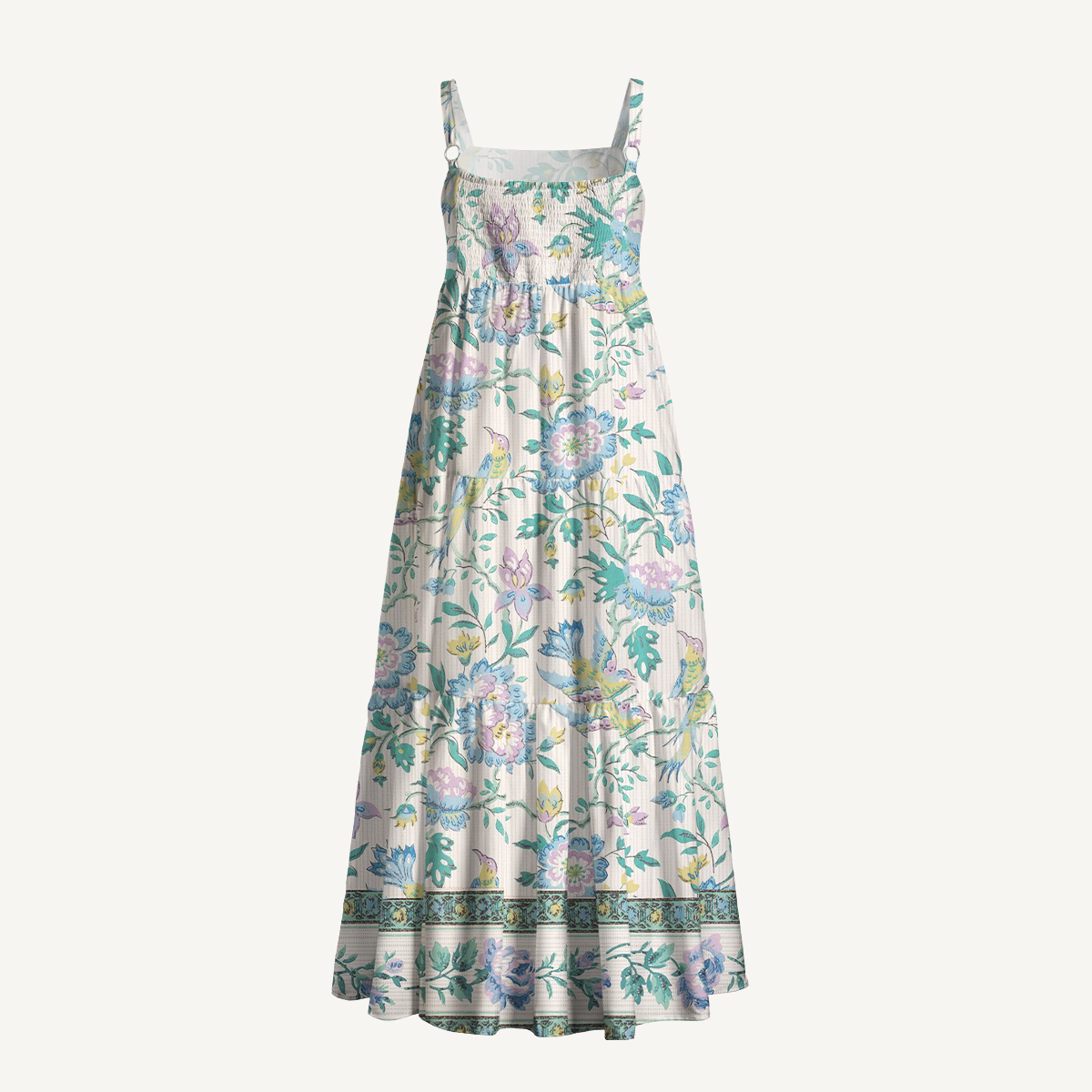Boho Dual-Tone Birdsong Floral Pattern Strap Maxi Dress With Pockets