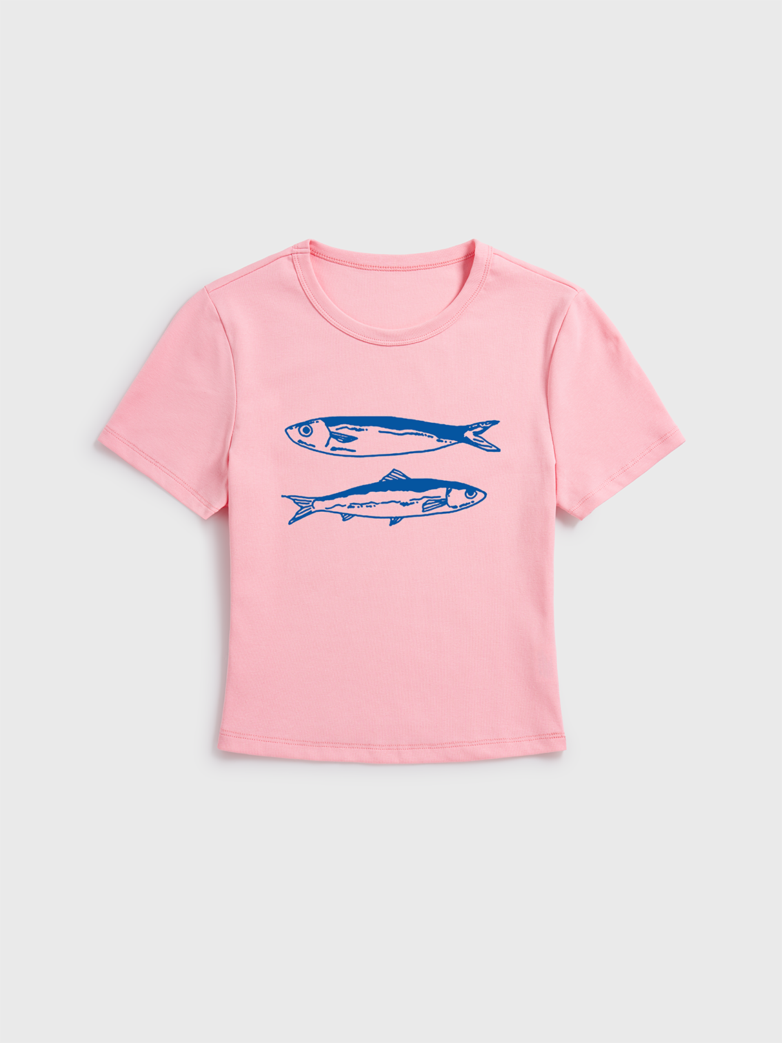 Striped Fish Print Crew Neck Cotton Tee