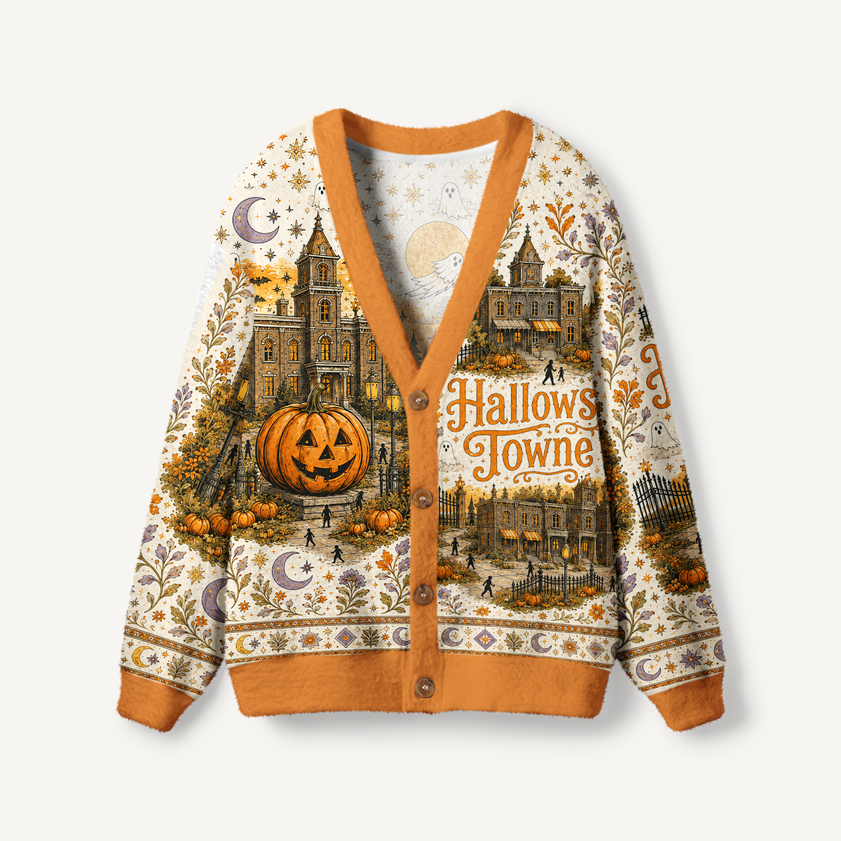 Haunted Village Pumpkin Print Halloween Cardigan Sweaters