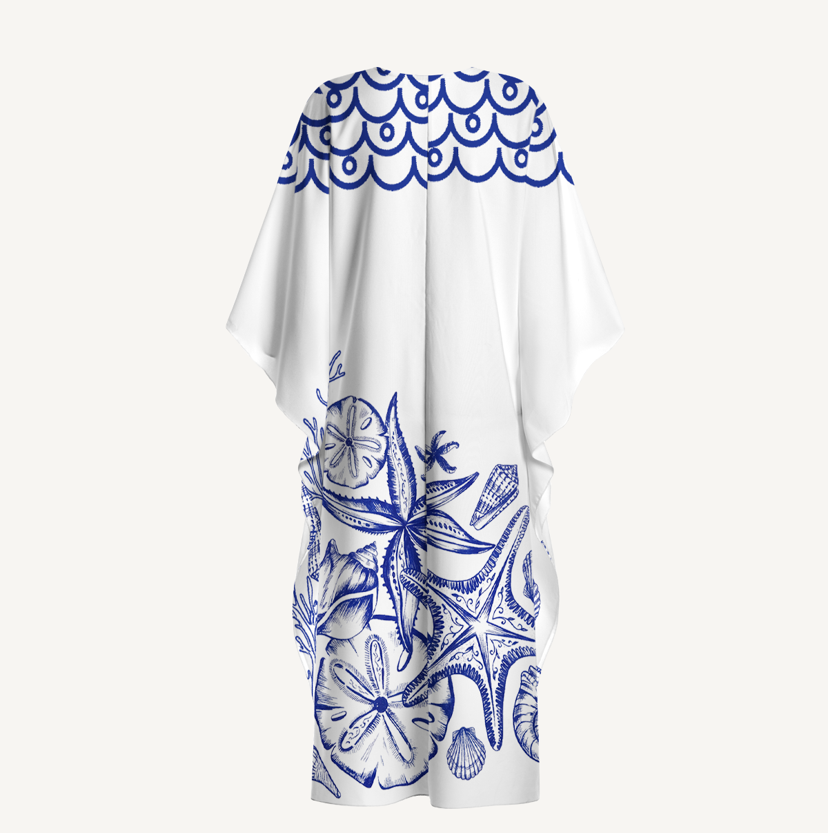Coastal Nautical Starfish Print Kimono Sleeve Kaftan Dress