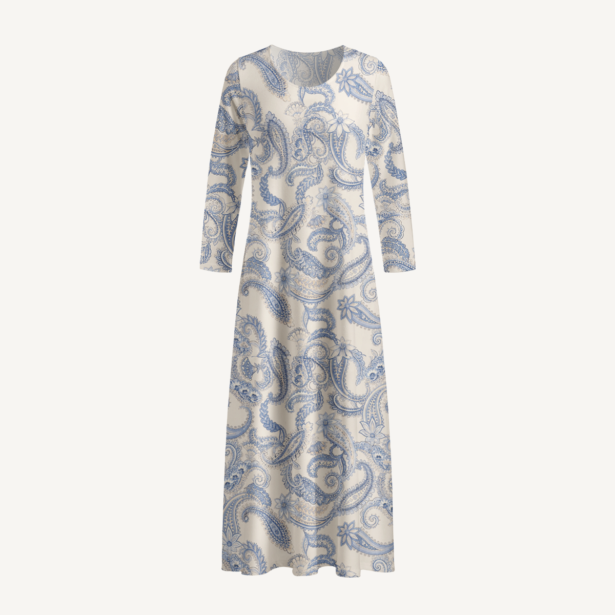Blue Vintage Paisley Print Soft-Touch Stretch Knit Long Sleeve Maxi Dress with Pockets