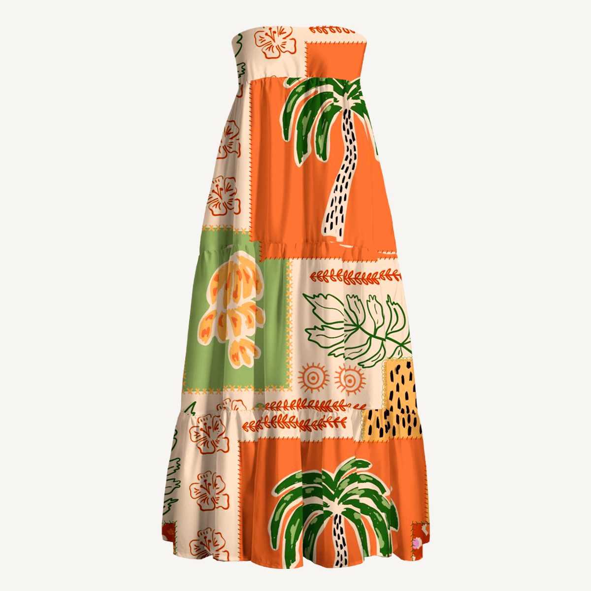 Boho Palm & Hibiscus Print Maxi Skirt & Strapless Dress  
