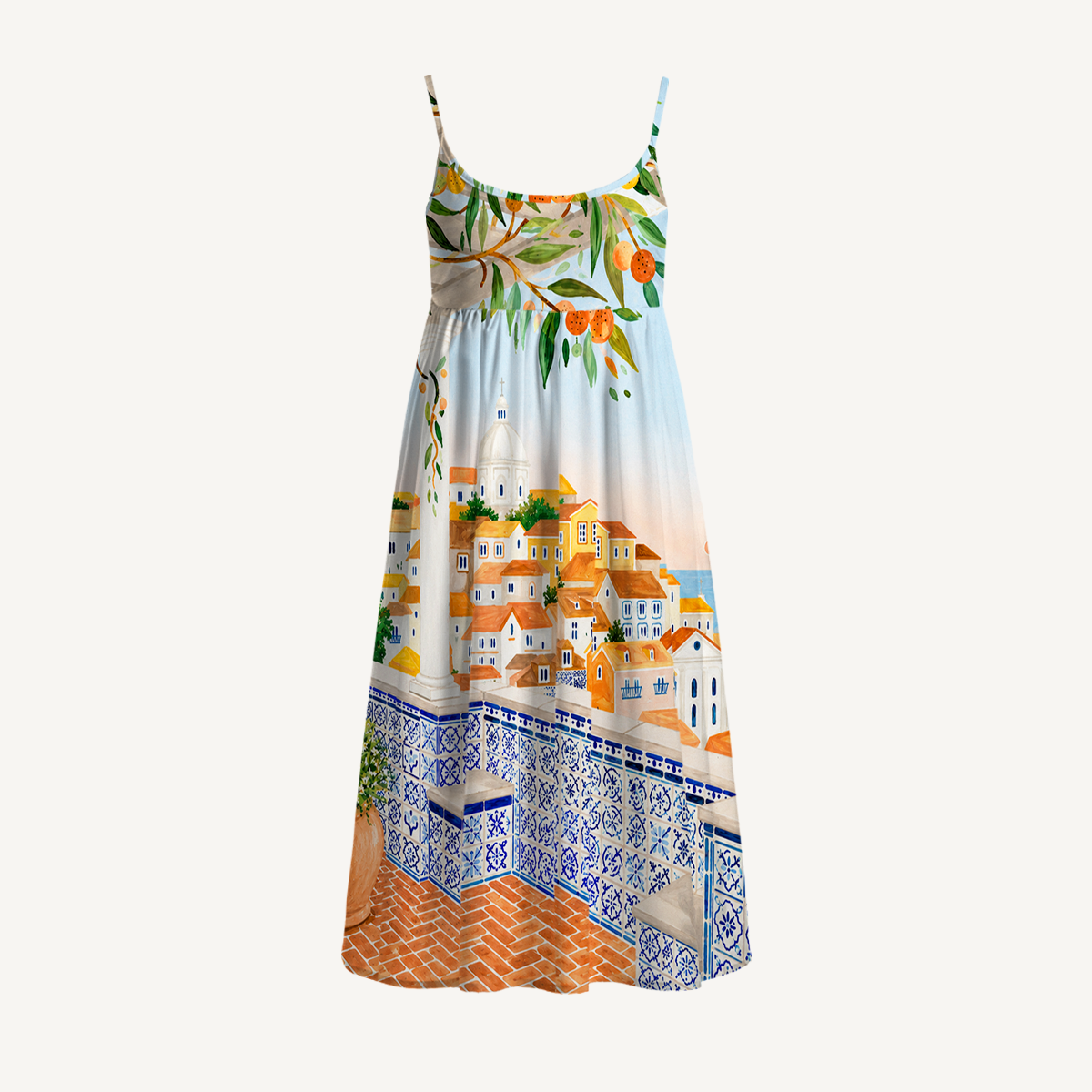 Lisbon Cityscape Print Spaghetti Strap Mini Dress