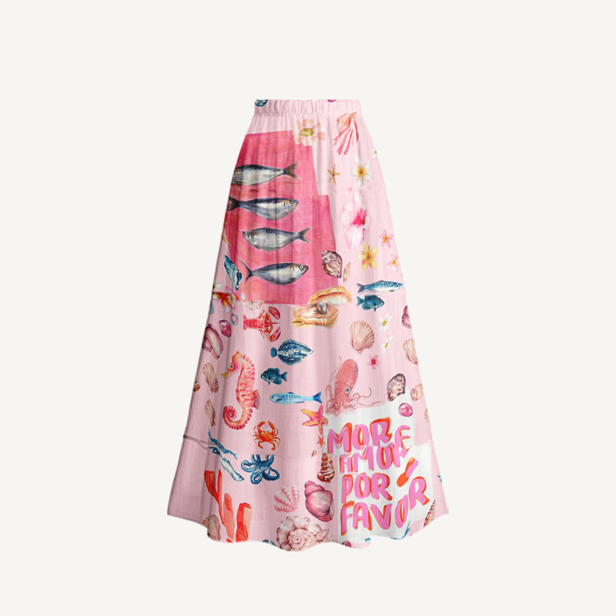 Pink Ocean Life Ruffled V Neck One Piece Swimsuit and Matching Midi Skirt Set