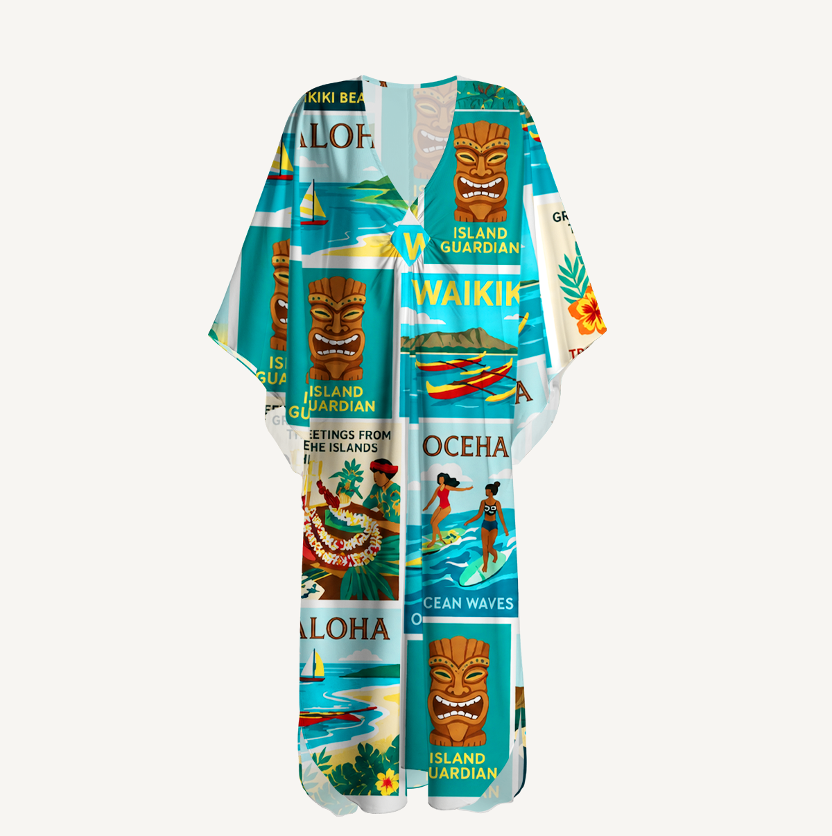Hawaii Holiday Postcards Kimono Sleeve Kaftan Dress