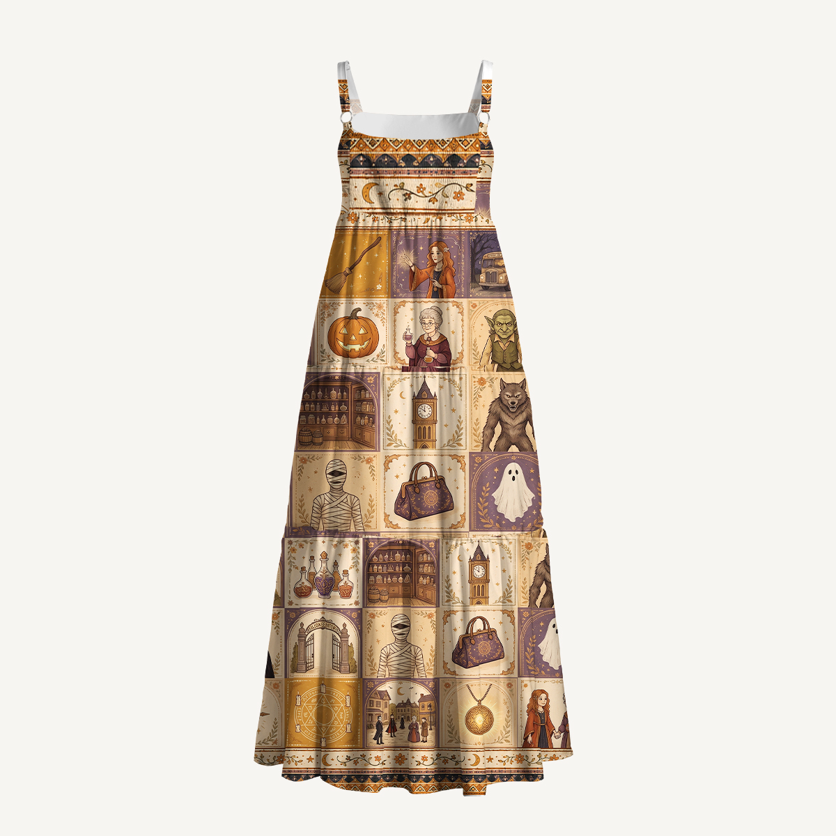 Mystical Halloween Village Patchwork Strap Maxi Dress With Pockets