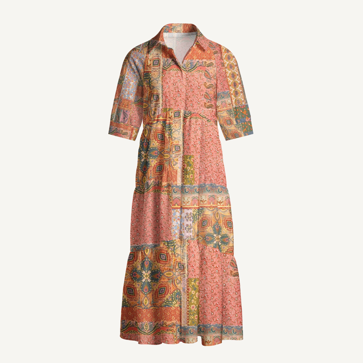 Vintage Ethnic Inspired Patchwork Elbow-Length Sleeve Midi Dress