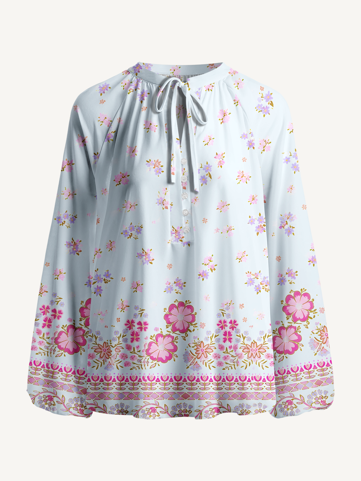 Pink Petal Cascade Pattern Boho Long Sleeve Tie‑Neck Blouse