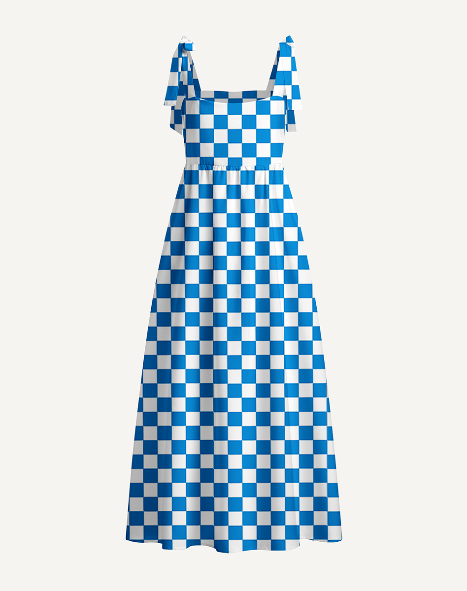 Blue Check Lemon Bow Strap Maxi Dress
