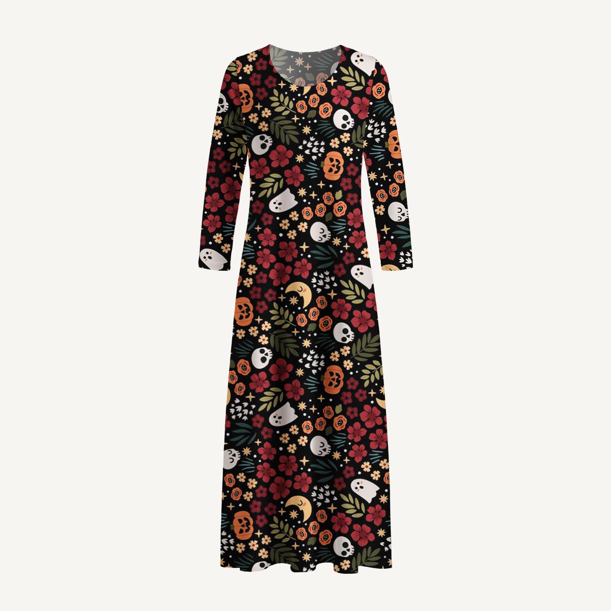 Halloween Floral Night Parade Boho Long Sleeve Maxi Dress with Pockets