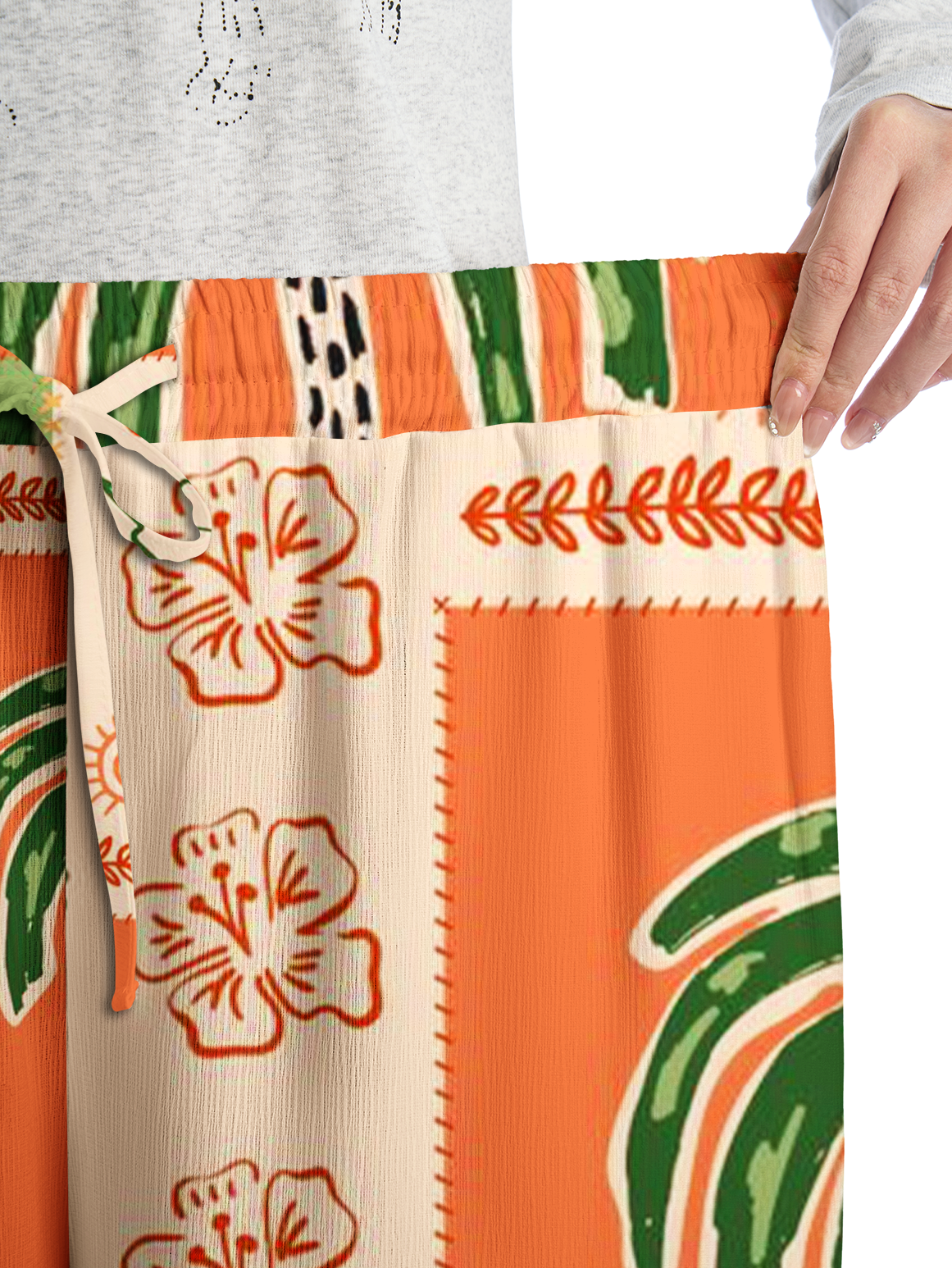 Boho Palm & Hibiscus Print Wide Leg Tie Waist Pants With Pockets
