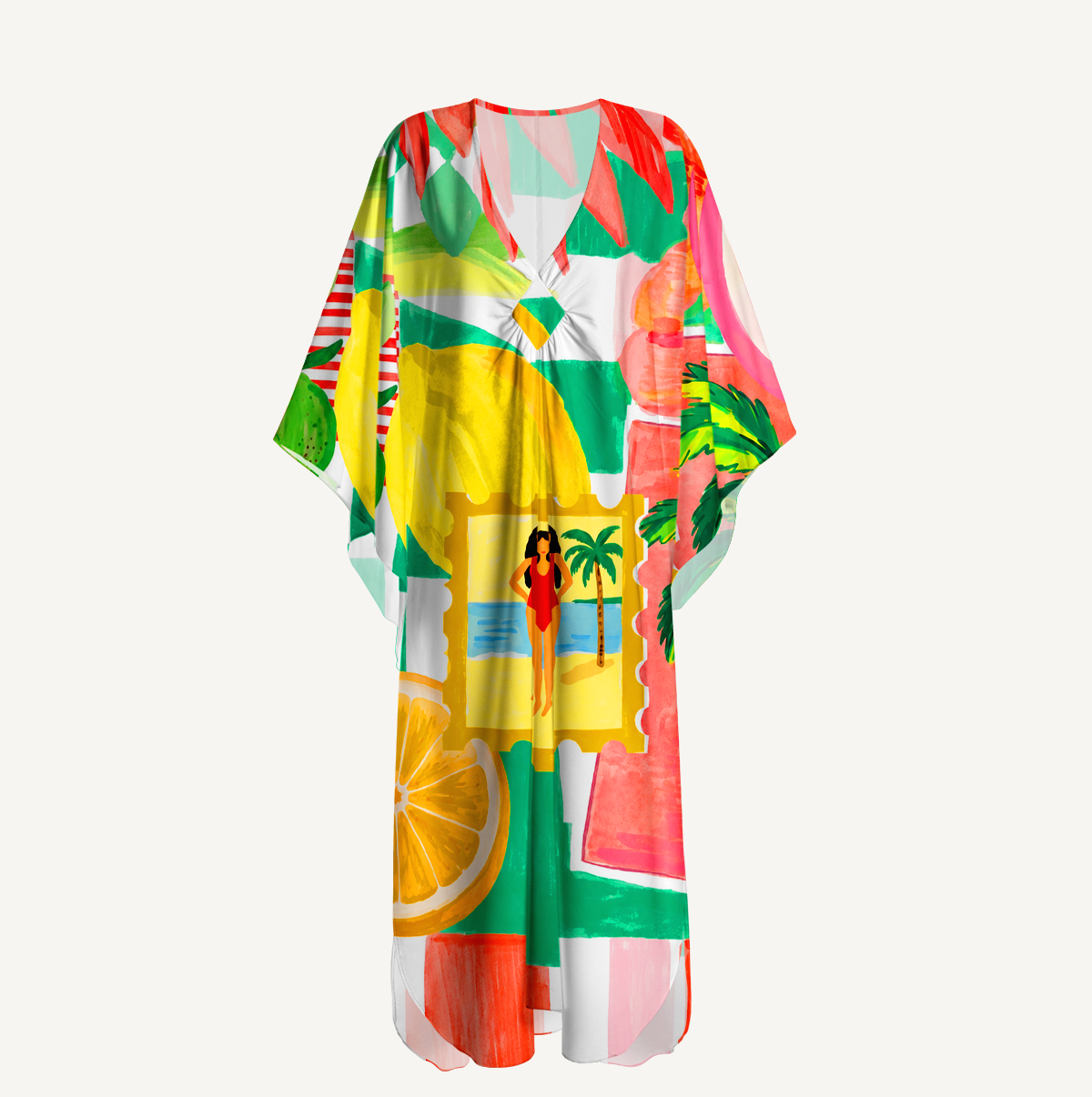 Tropical Floral & Palm Kimono Sleeve Kaftan Dress