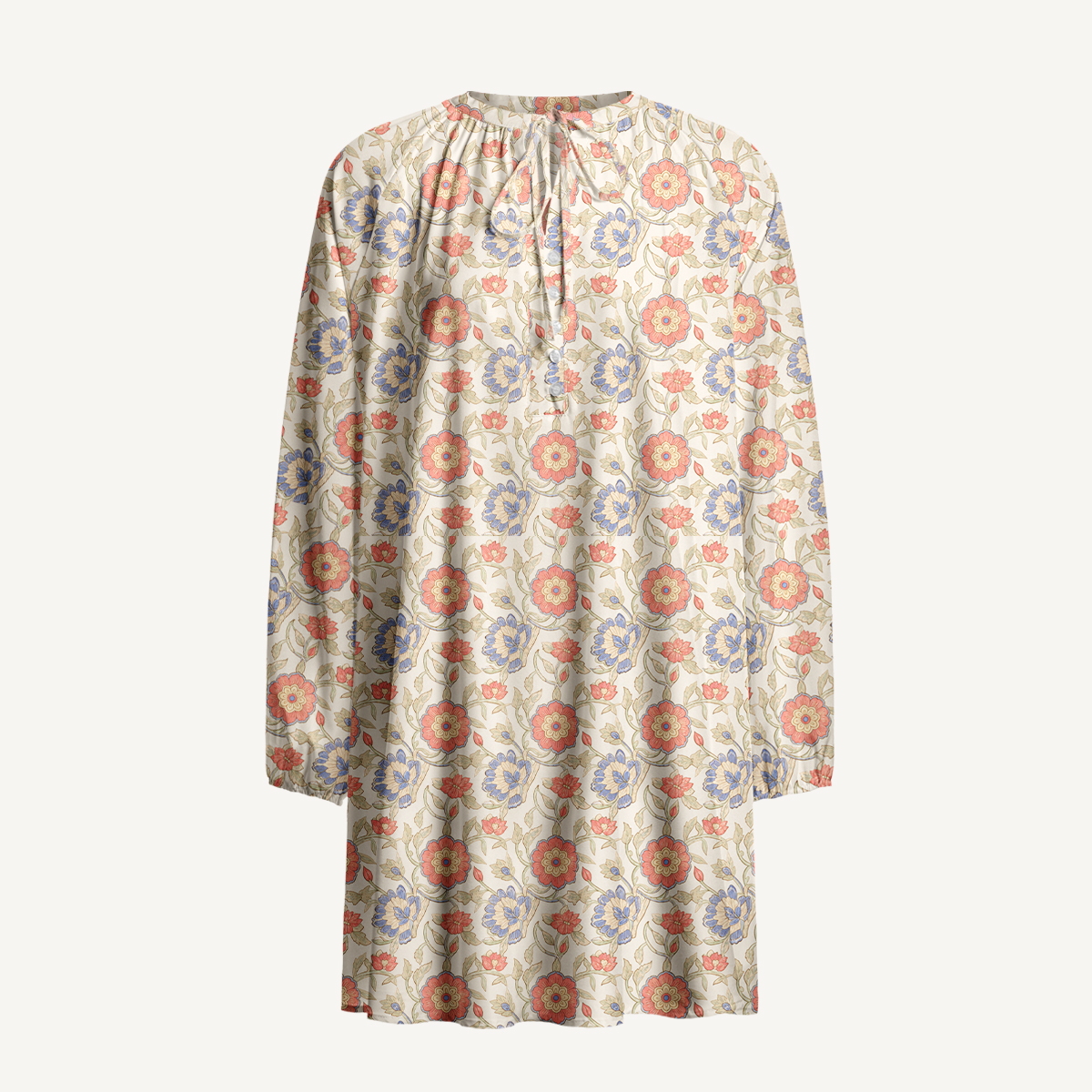 Coral Garden Floral Tie‑Neck Long Sleeve Mini Dress