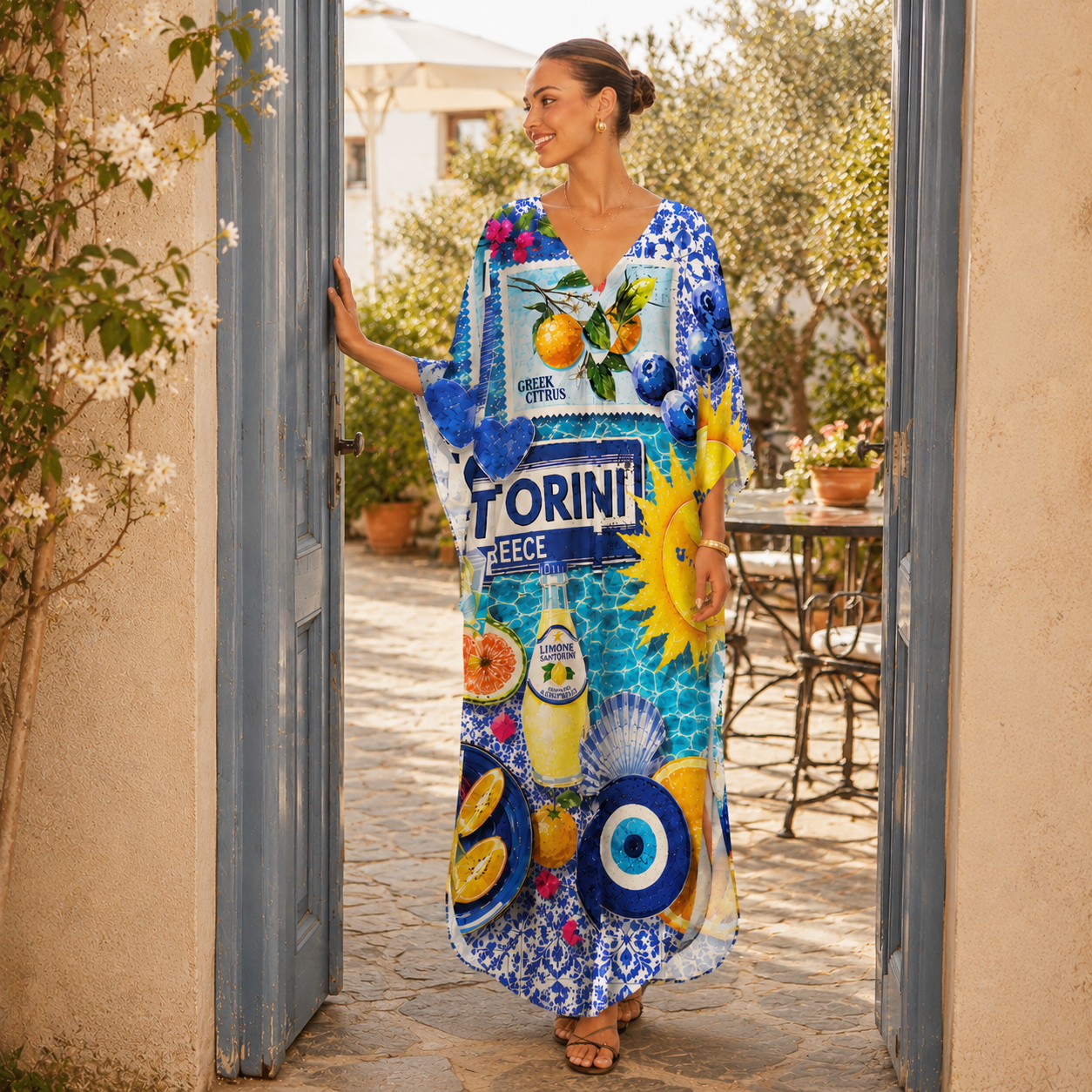 Greece Summer Kimono Sleeve Kaftan Dress