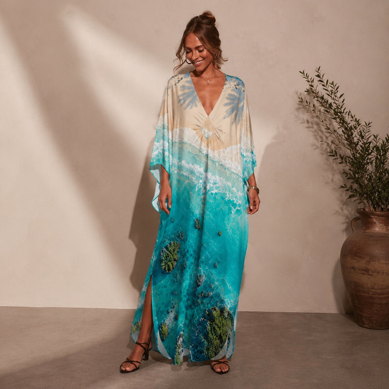 Turquoise Reef and Palm Shadows Kimono Sleeve Kaftan Dress