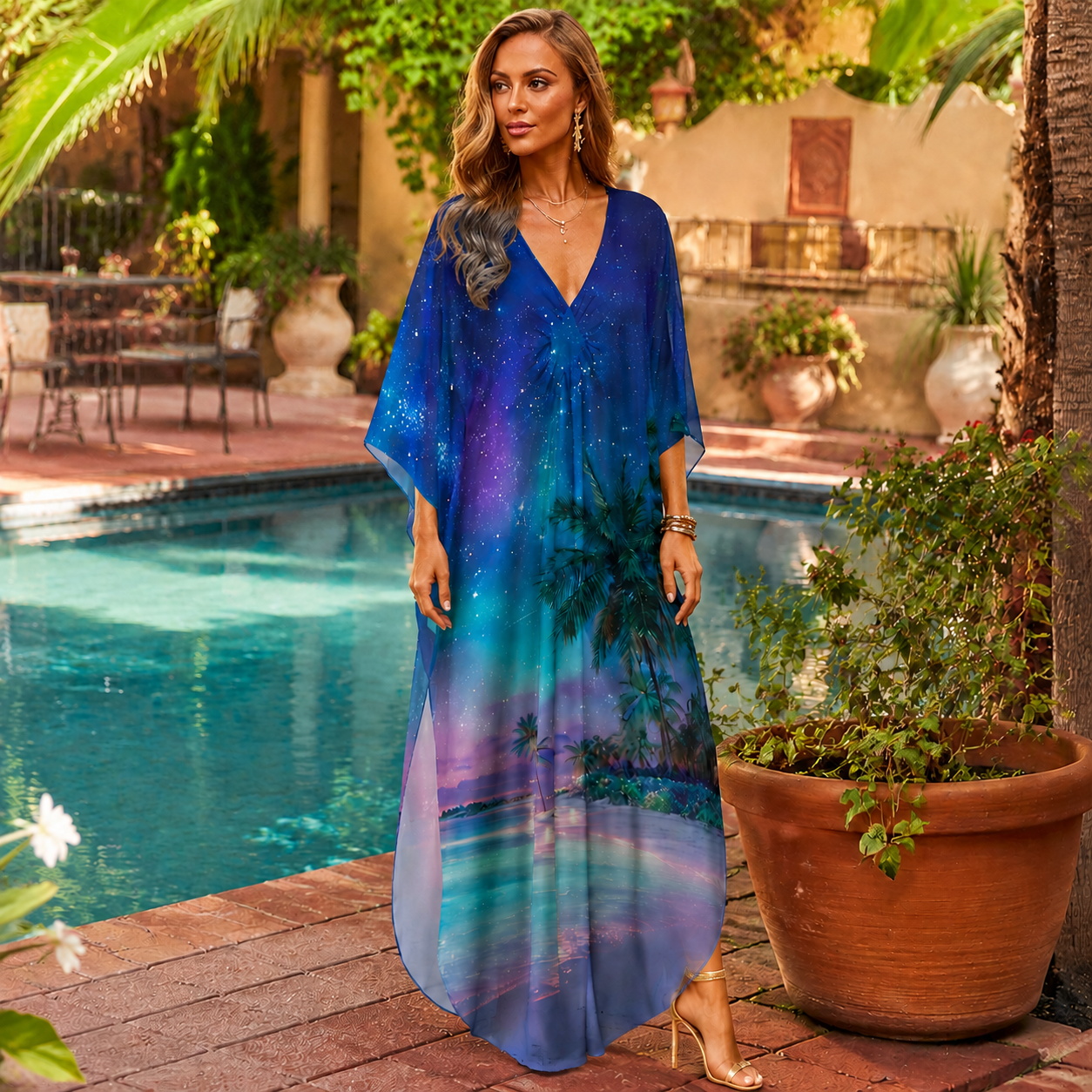 Starlit Tropical Lagoon Kimono Sleeve Kaftan Dress