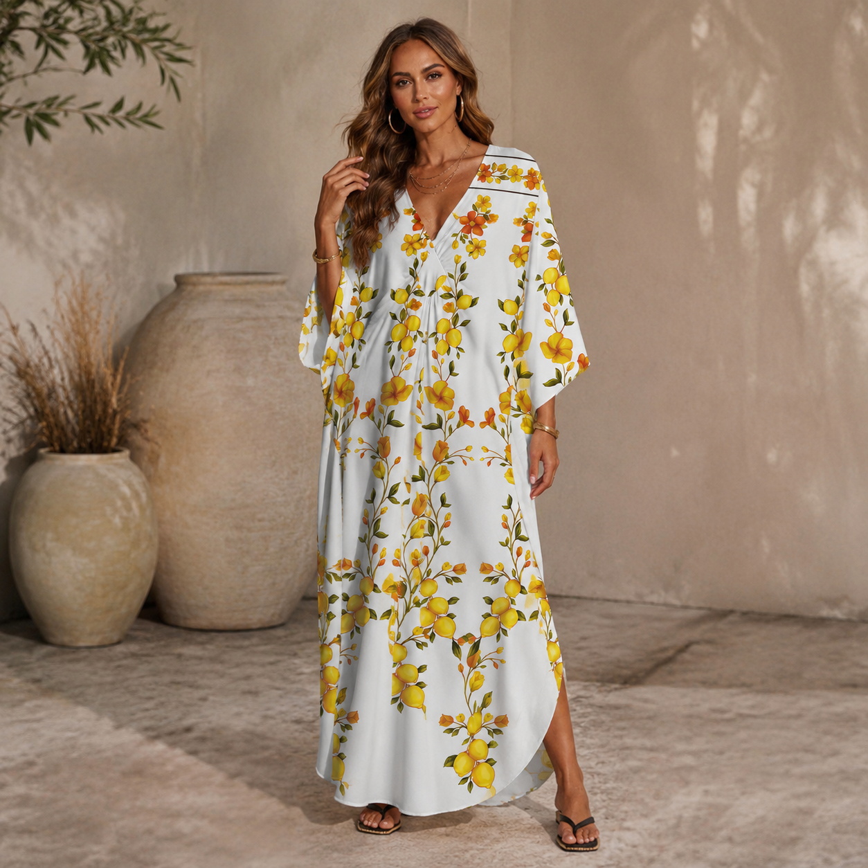 Lemon Blossom Garden Border Kimono Sleeve Kaftan Dress
