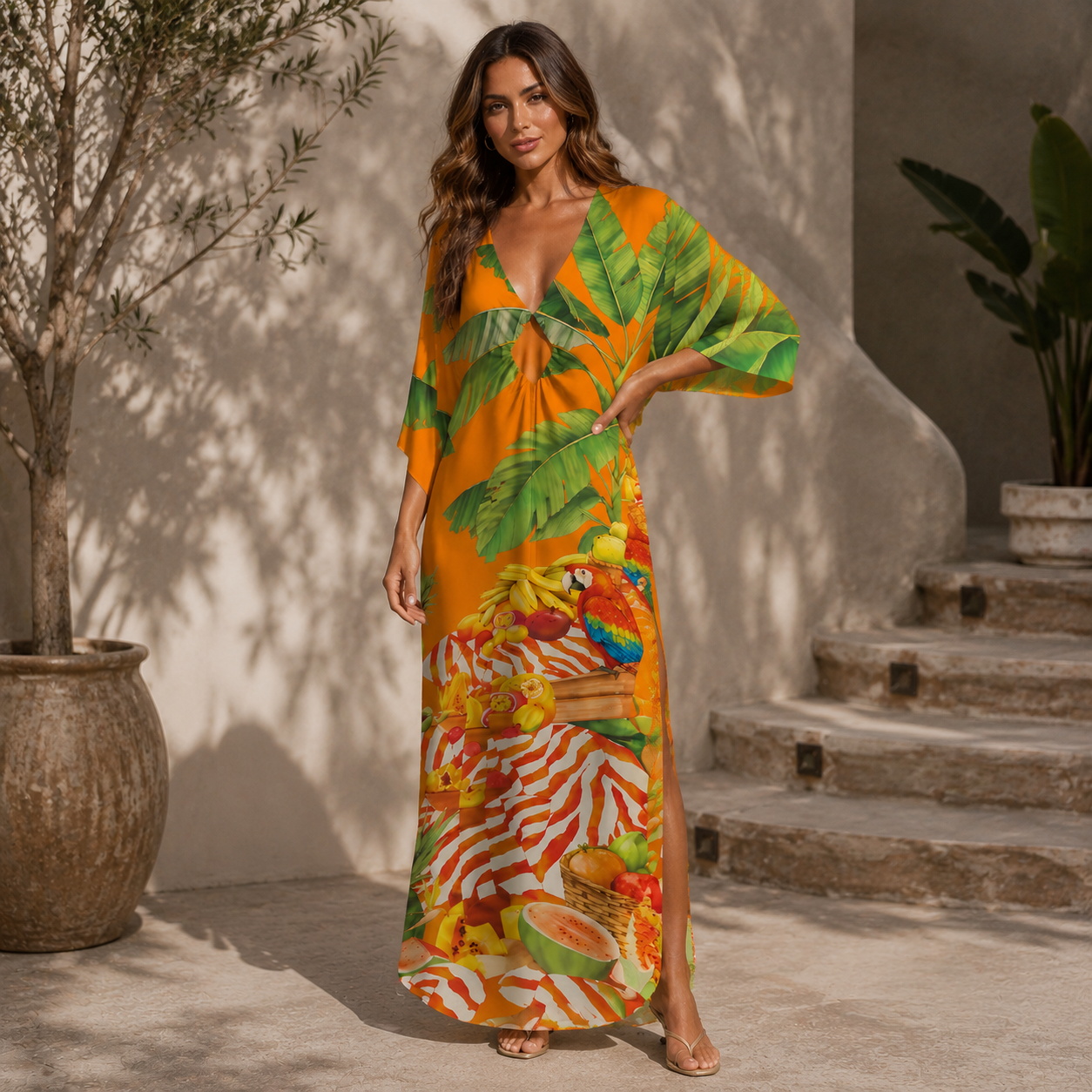 Tropical Parrot Fruit Feast Kimono Sleeve Kaftan Dress