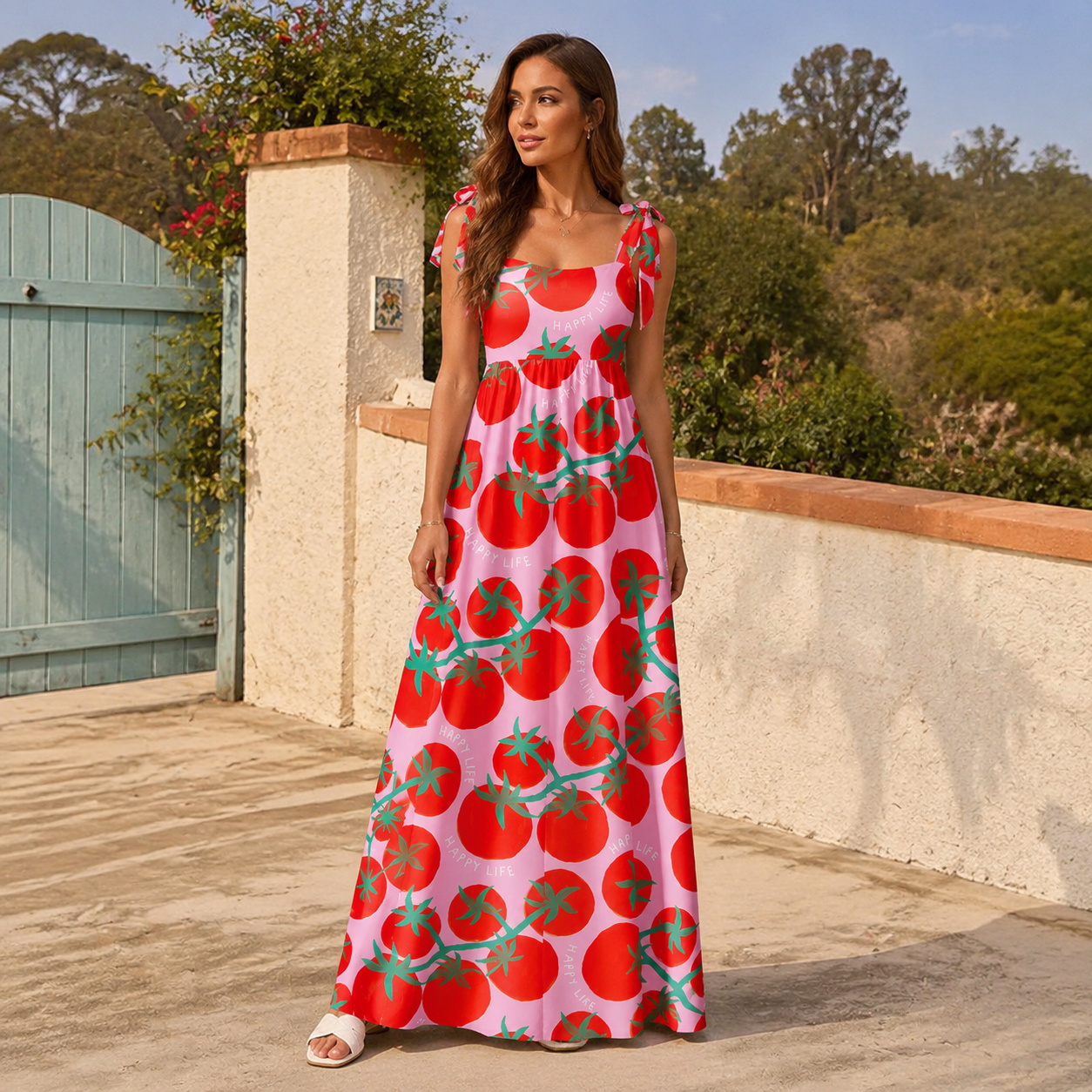 Tomato Garden Delight Adjustable Strap Maxi Dress