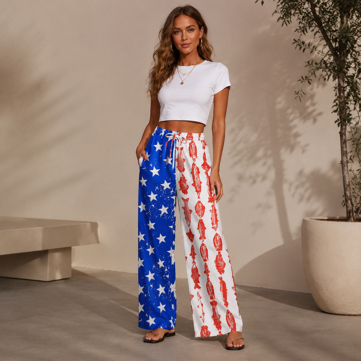 American Flag Fish Pattern Summer Trousers