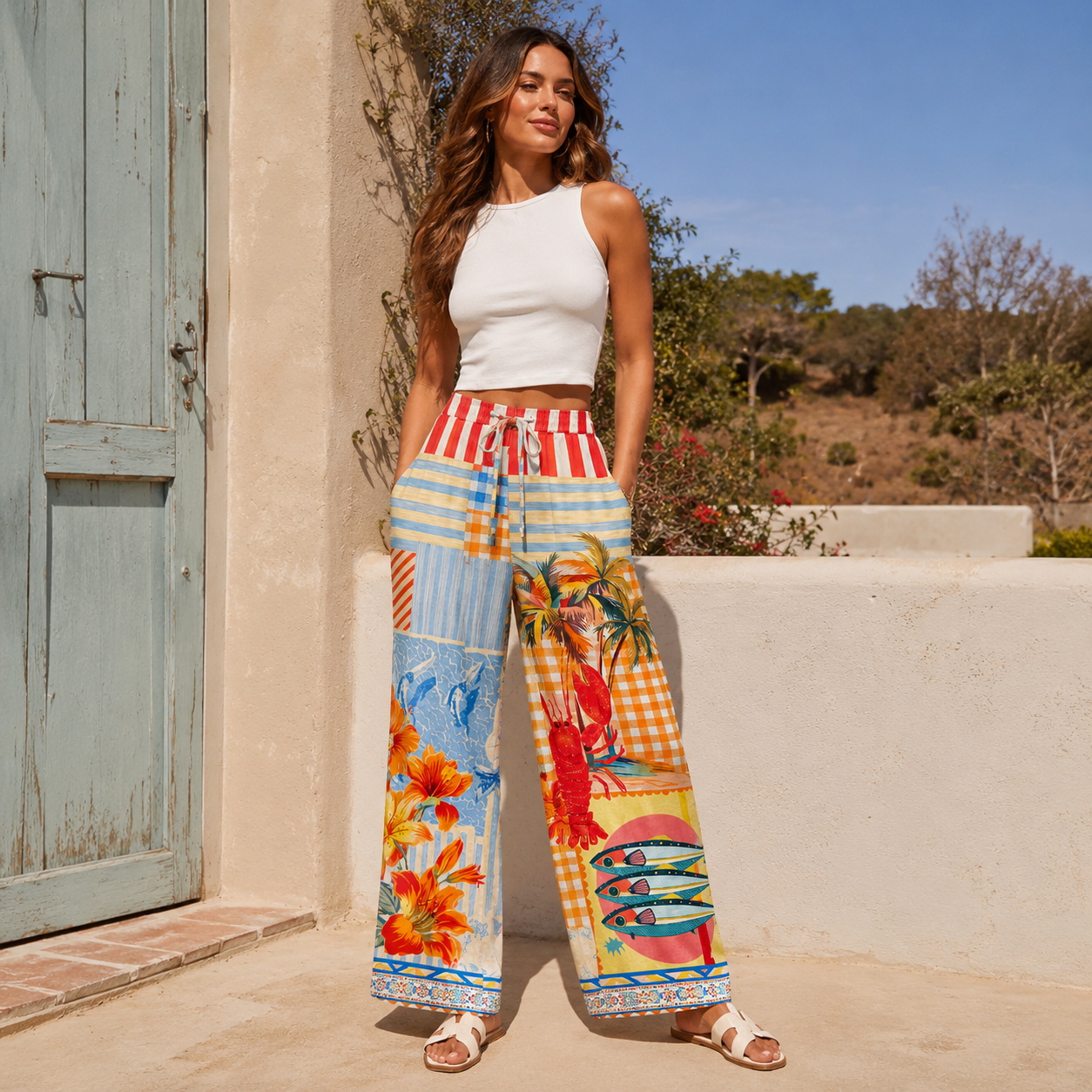 Tropical Lobster Patchwork Wide Leg Tie Waist Pants With Pockets