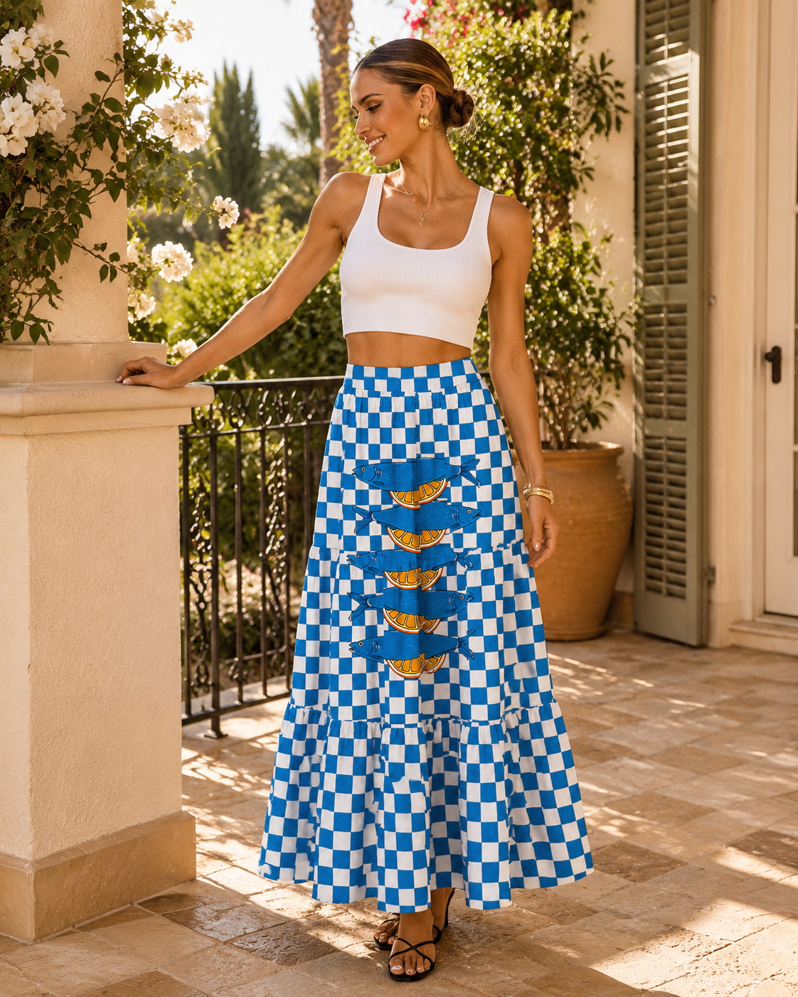 Blue Check Lemon Maxi Skirt & Strapless Dress  