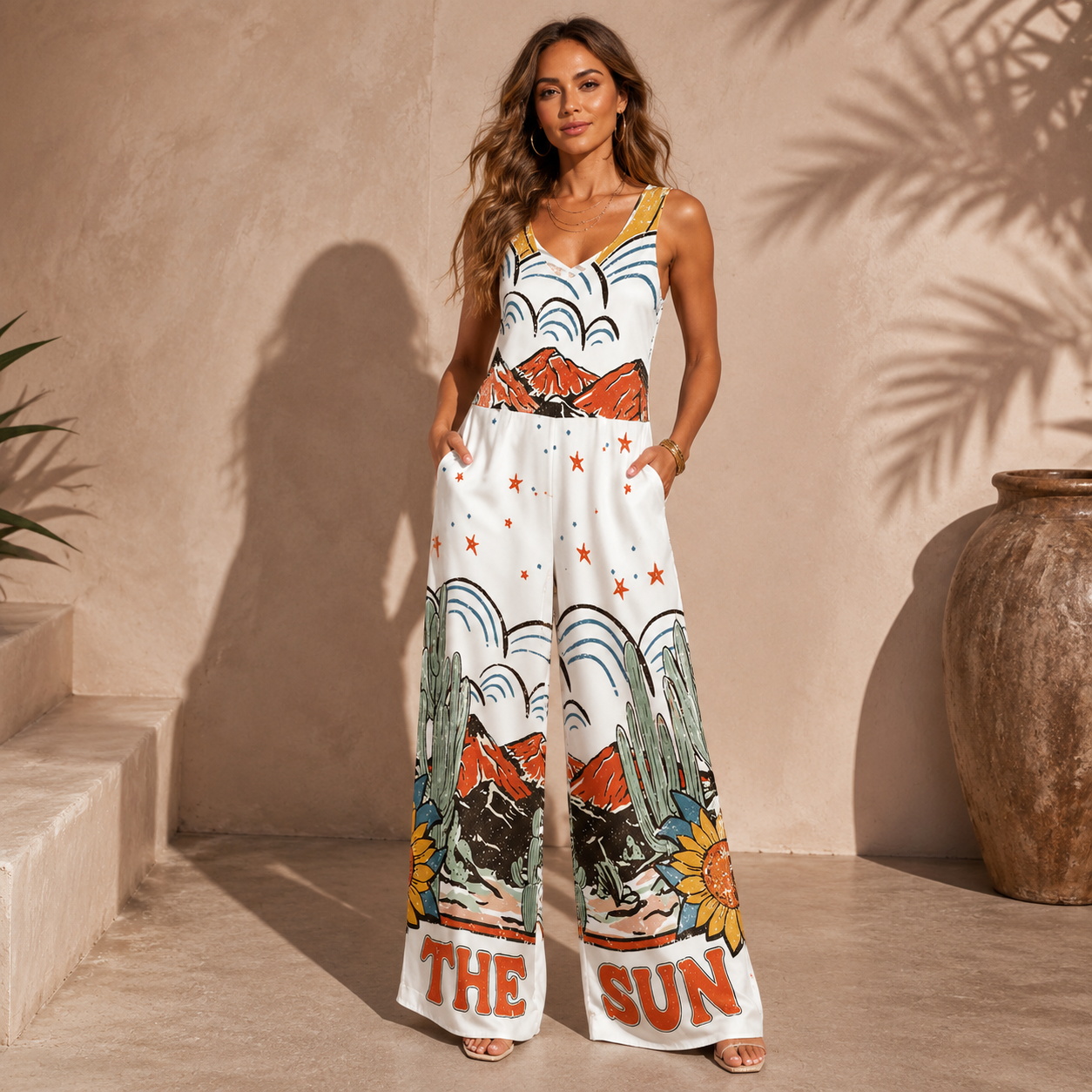 Western Sun & Cact Jumpsuit with Pockets for Women
