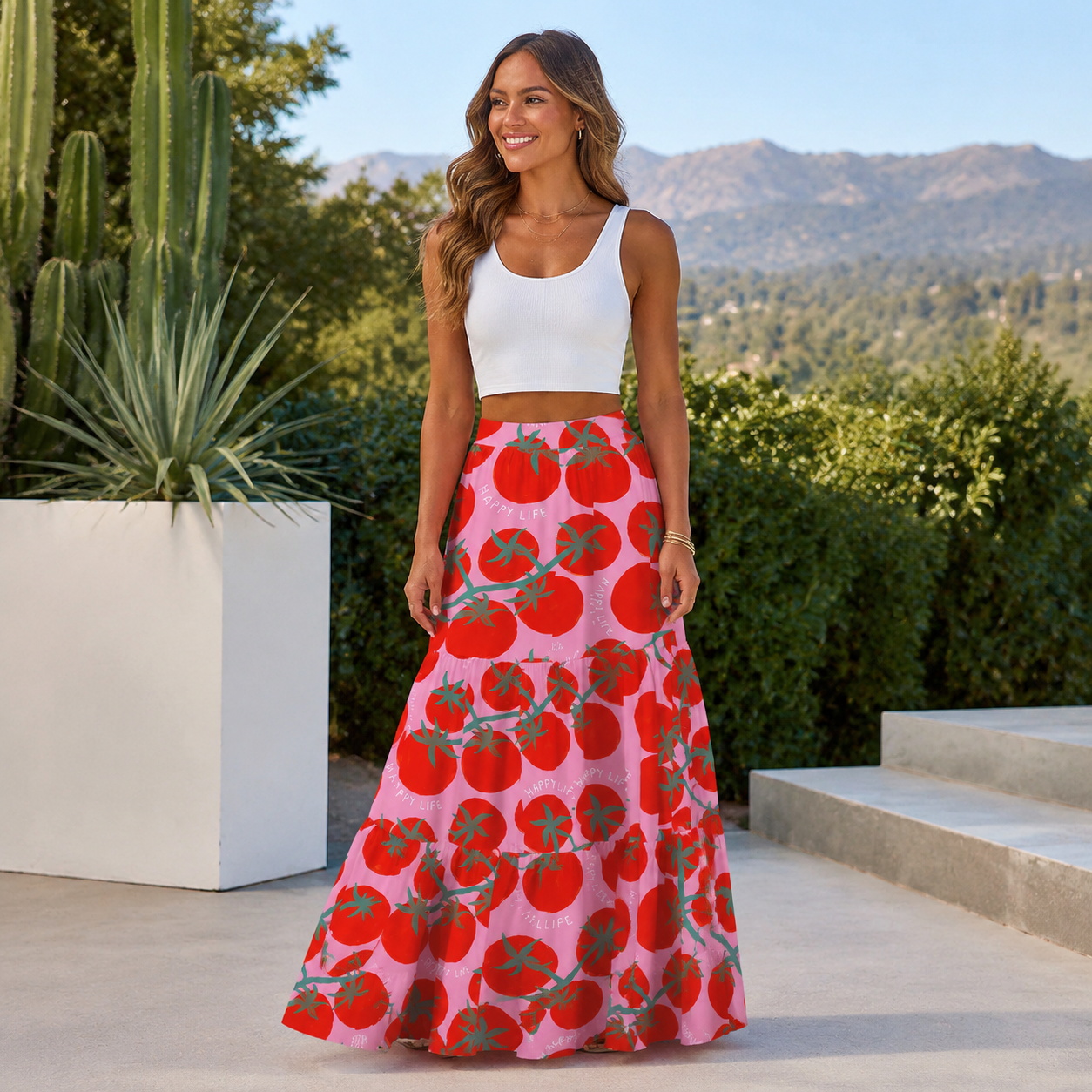 Tomato Garden Delight Summer Maxi Skirt
