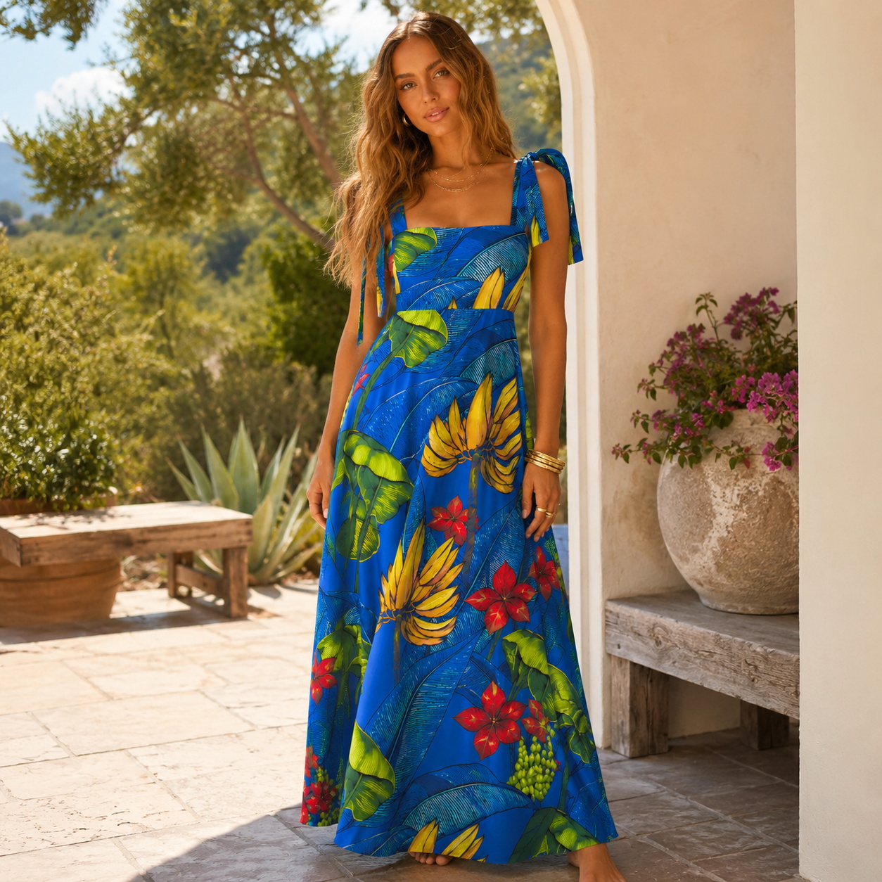 Tropical Bananas & Flowers on Blue Bow Strap Maxi Dress