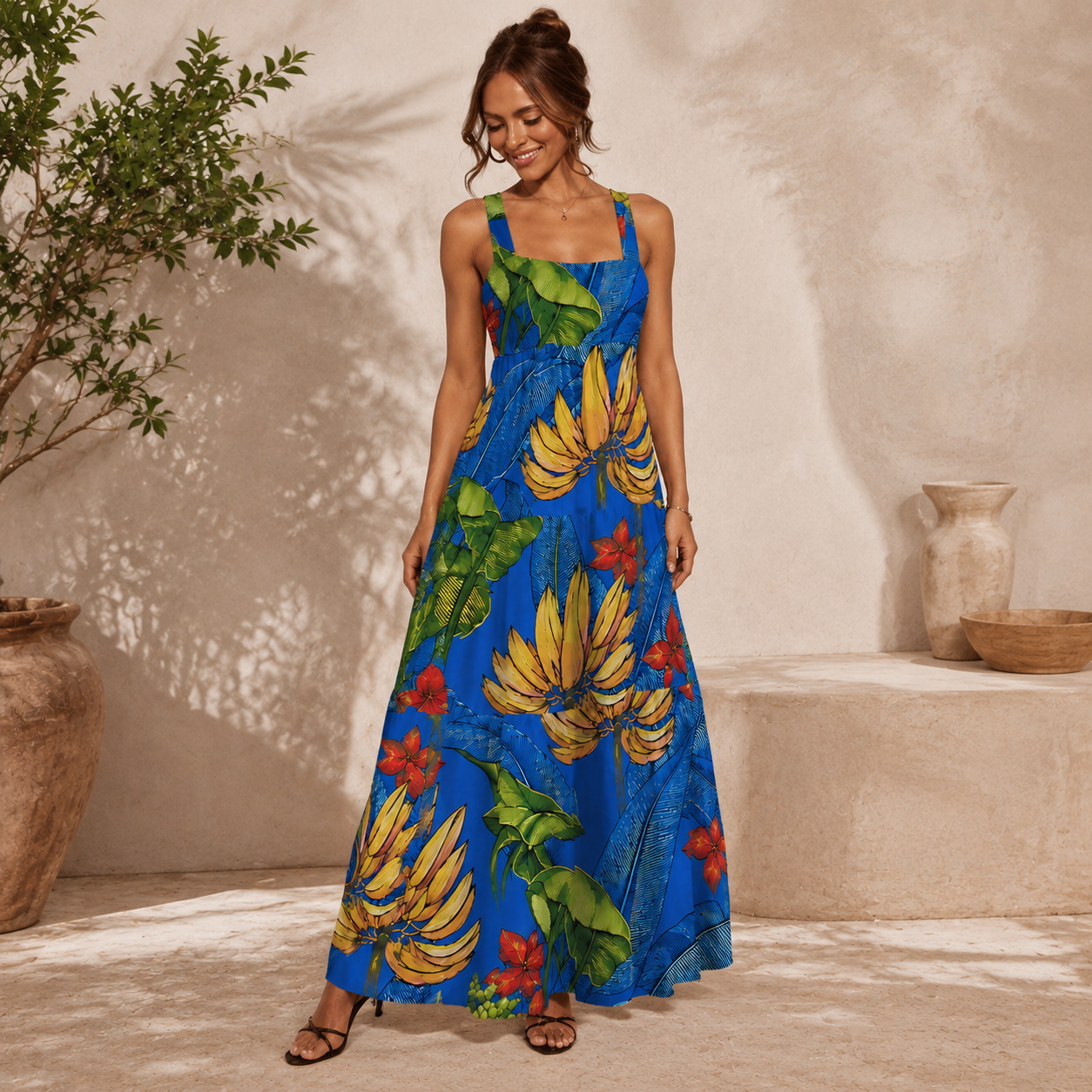Tropical Bananas & Flowers on Blue Wide Straps Maxi Dress With Pockets