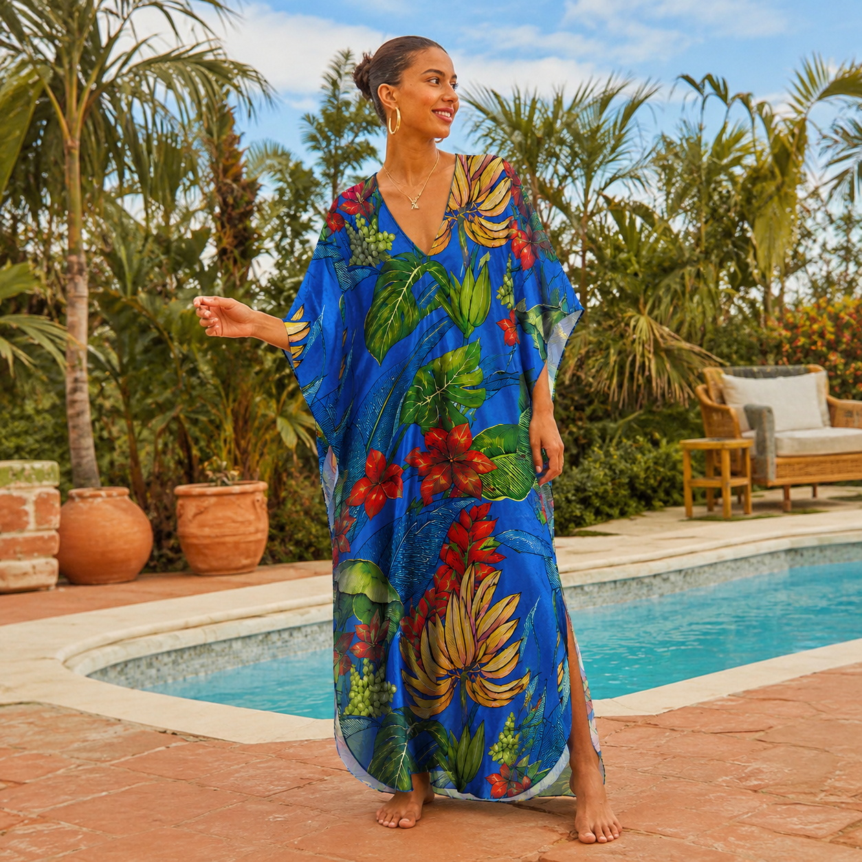 Tropical Bananas & Flowers on Blue Kimono Sleeve Kaftan Dress