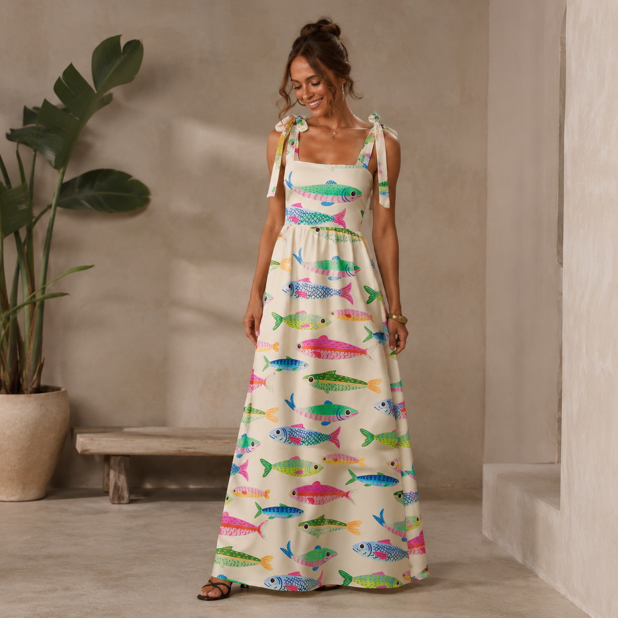 Bright Sardine Bow Strap Maxi Dress