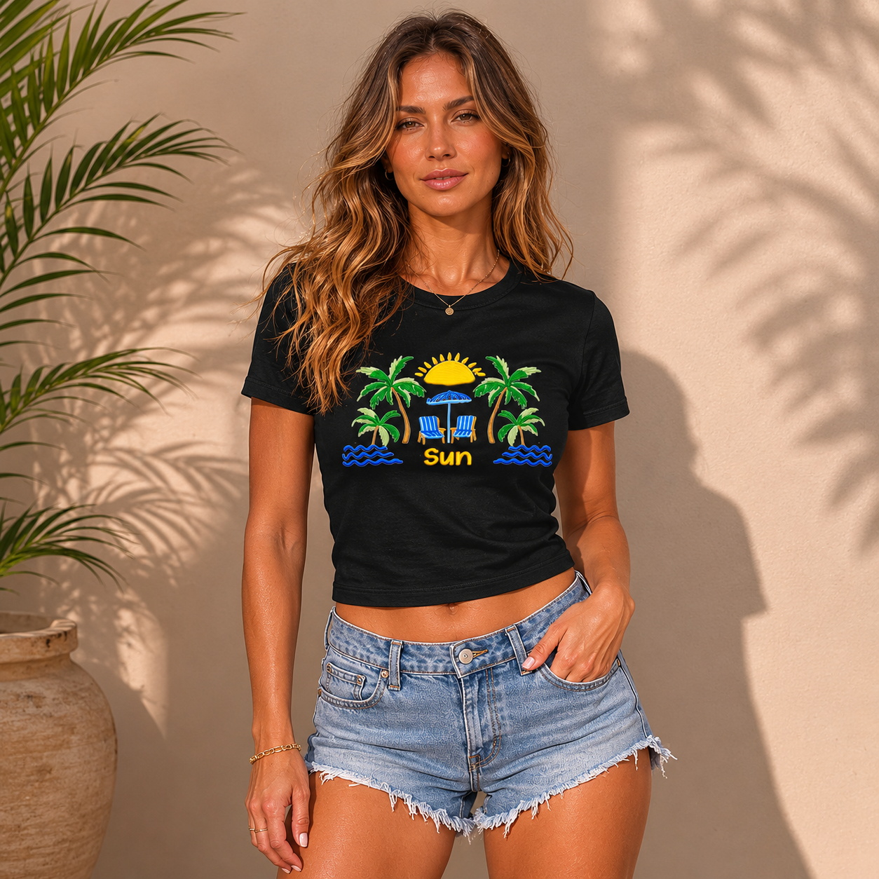 Lemon & Palm Beach Print Crew Neck Cotton Tee
