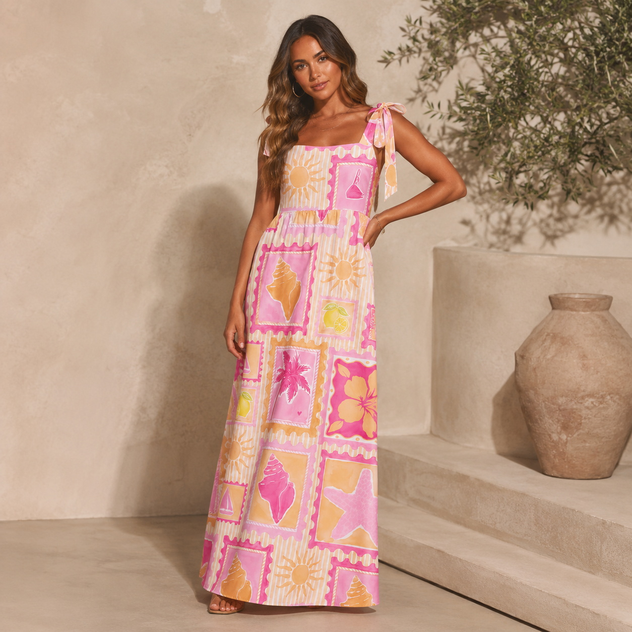 Coral Beach Postcard Bow Strap Maxi Dress