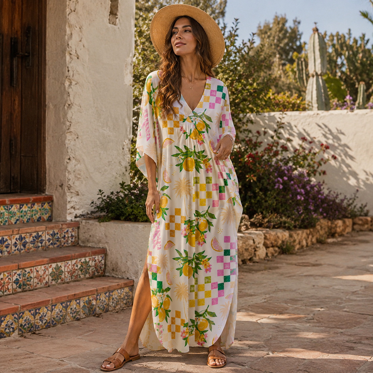 Citrus Breeze Kimono Sleeve Kaftan Dress
