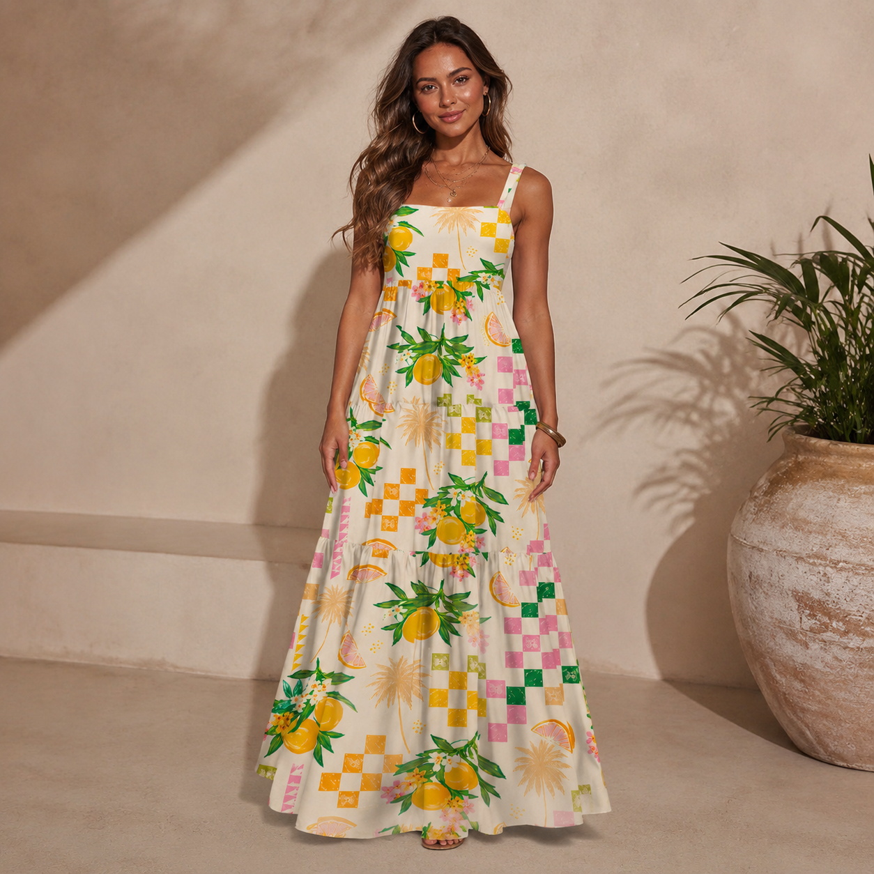 Citrus Breeze Wide Straps Maxi Dress With Pockets