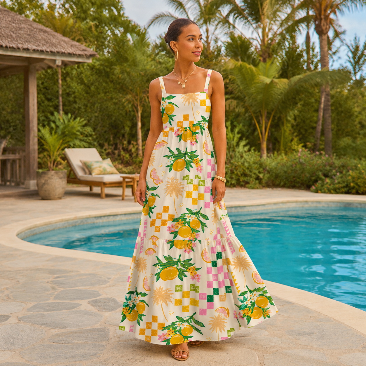 Citrus Breeze Wide Straps Maxi Dress With Pockets
