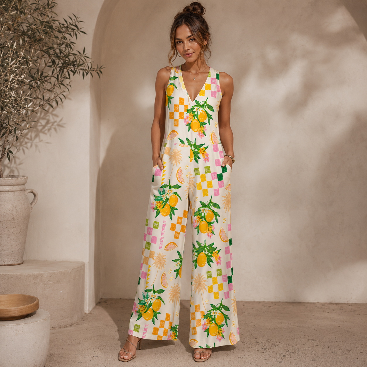 Citrus Breeze Jumpsuit with Pockets for Women
