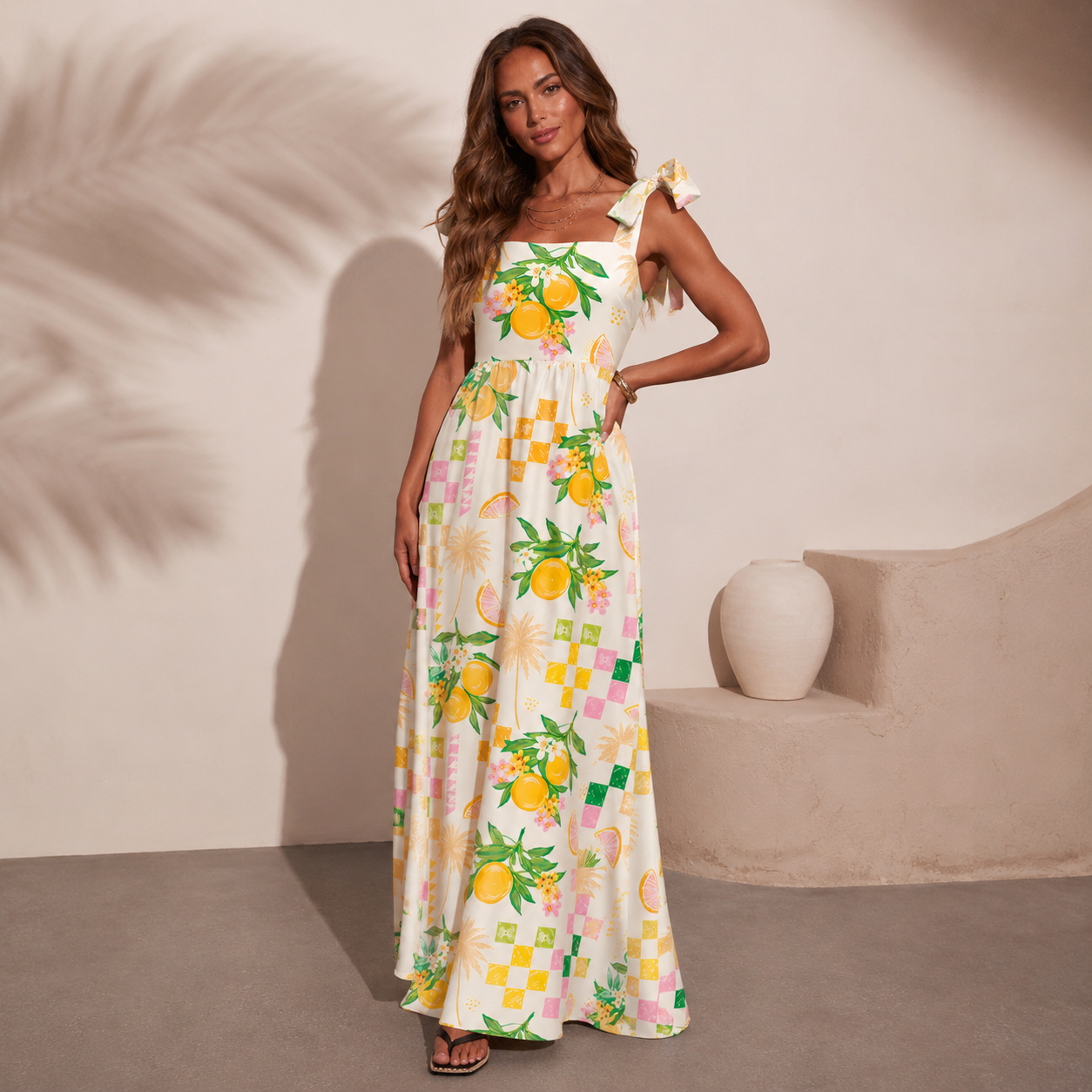 Citrus Breeze Bow Strap Maxi Dress