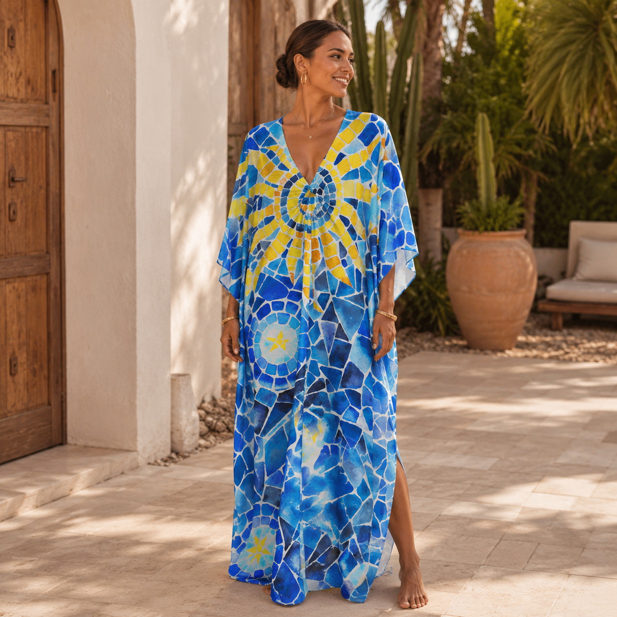 Mosaic Sun & Star Patter Kimono Sleeve Kaftan Dress