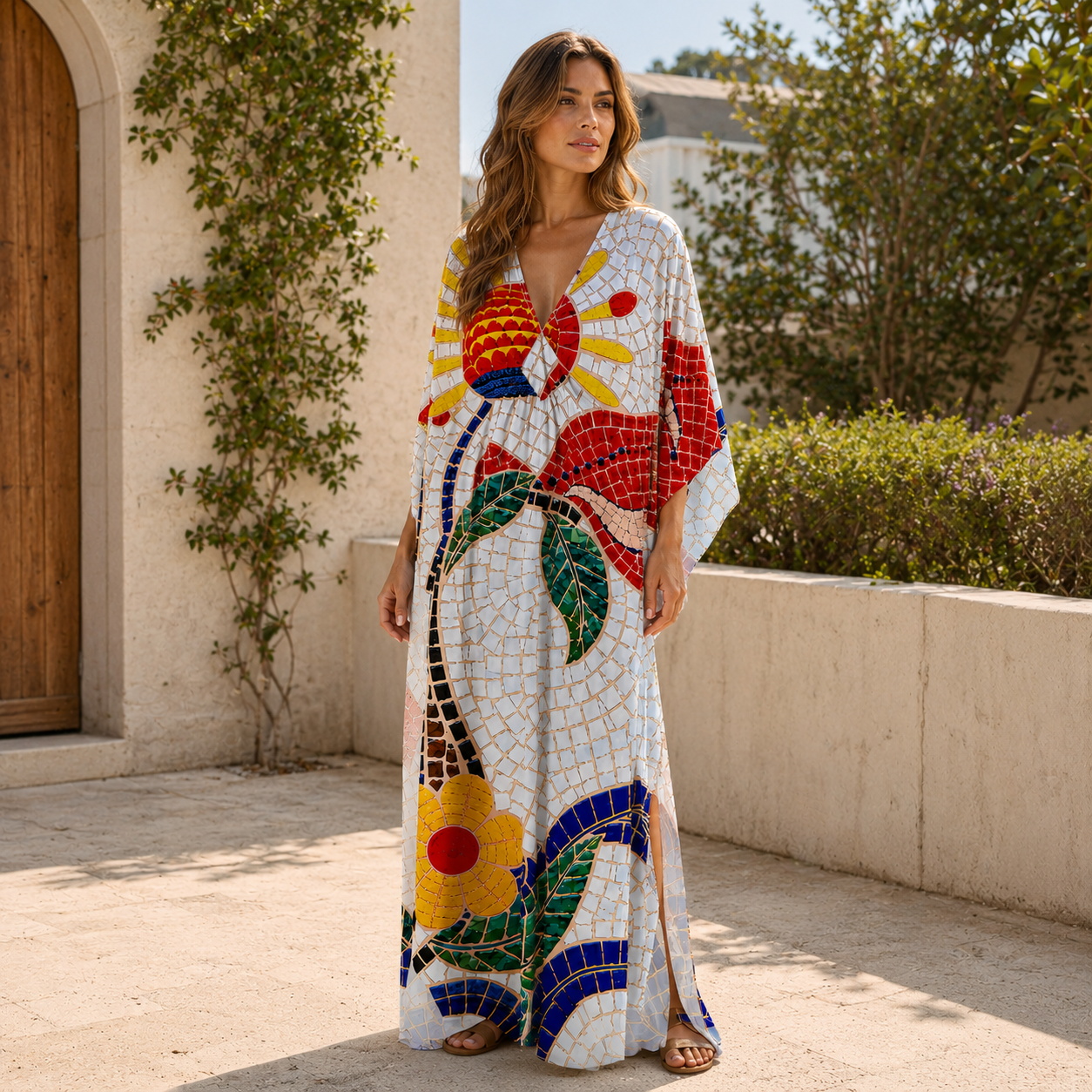 Gaudi Mosaic Red Bird Floral Kimono Sleeve Kaftan Dress